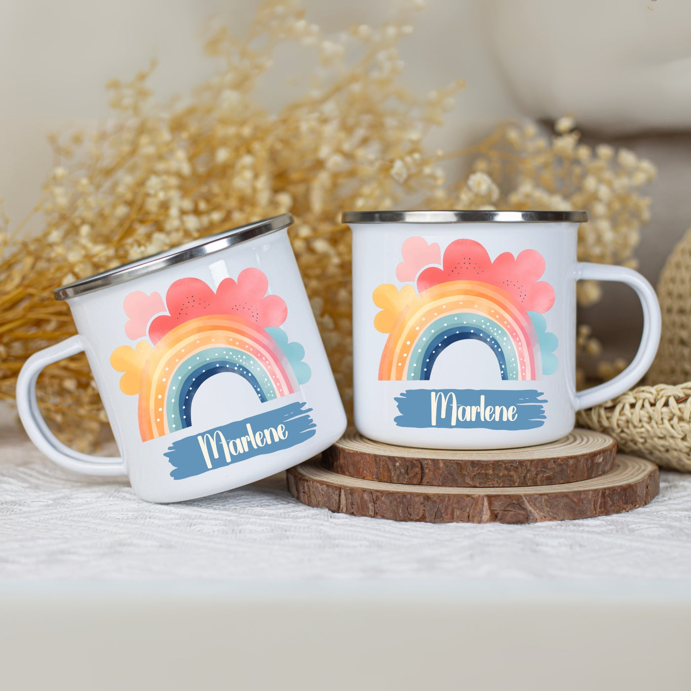 Emaille Tasse personalisiert – Kindertasse mit Namen und Regenbogen