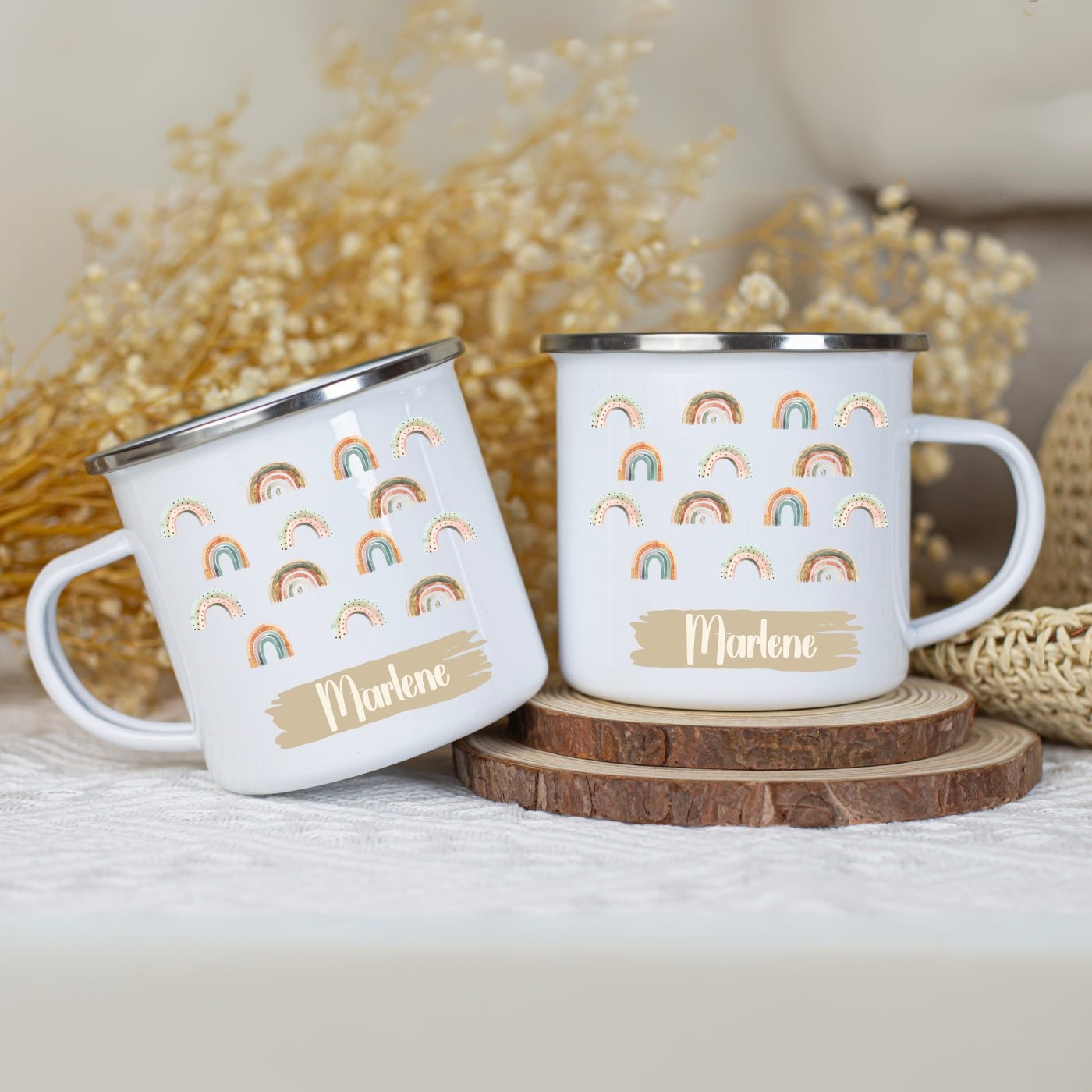 Emaille Tasse personalisiert – Kindertasse mit Namen und Regenbogen