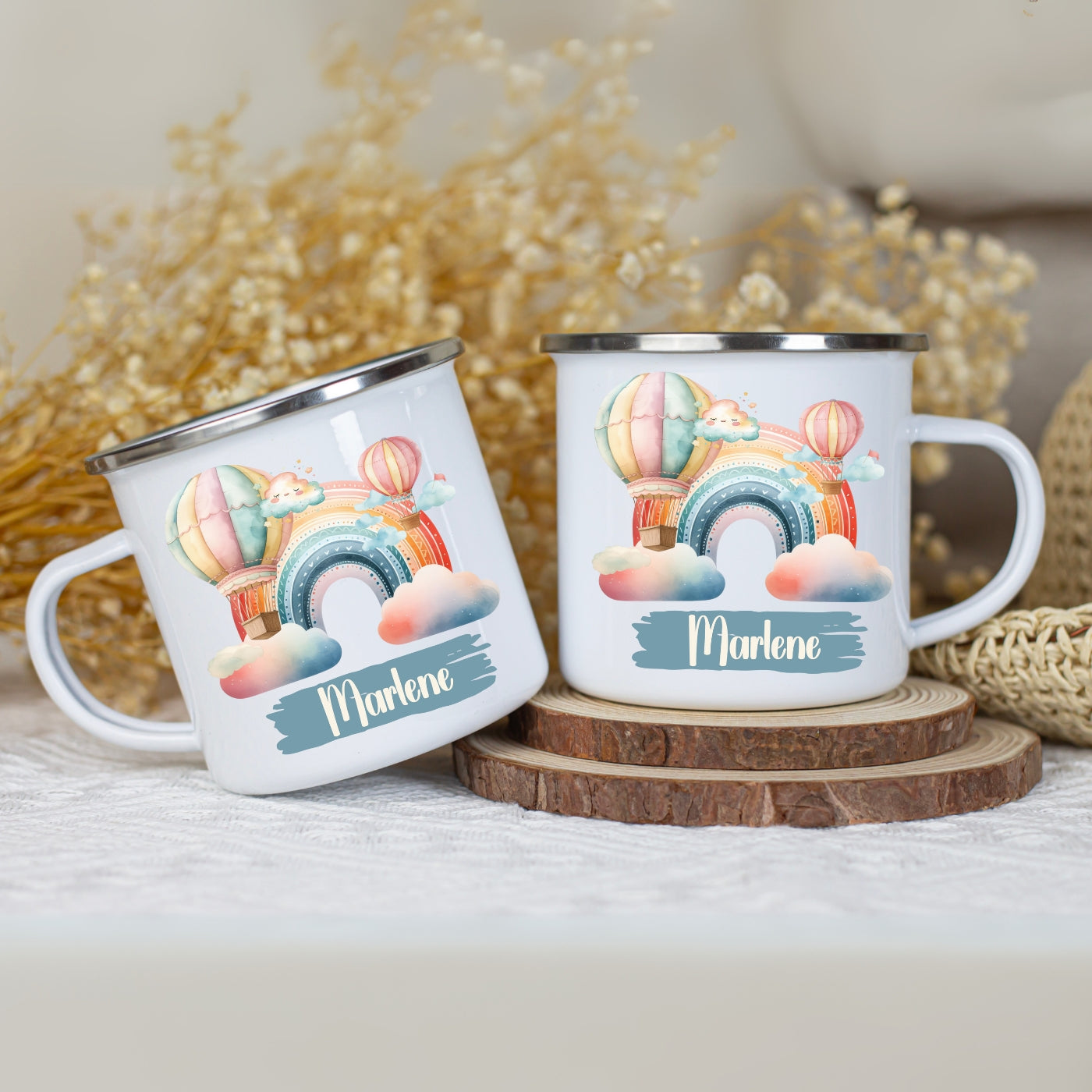 Emaille Tasse personalisiert – Kindertasse mit Namen und Regenbogen