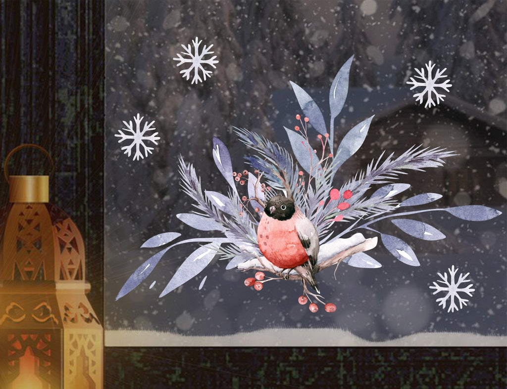 Fensterbild Weihnachtsdeko Vogel Blätter - wolga-kreativ