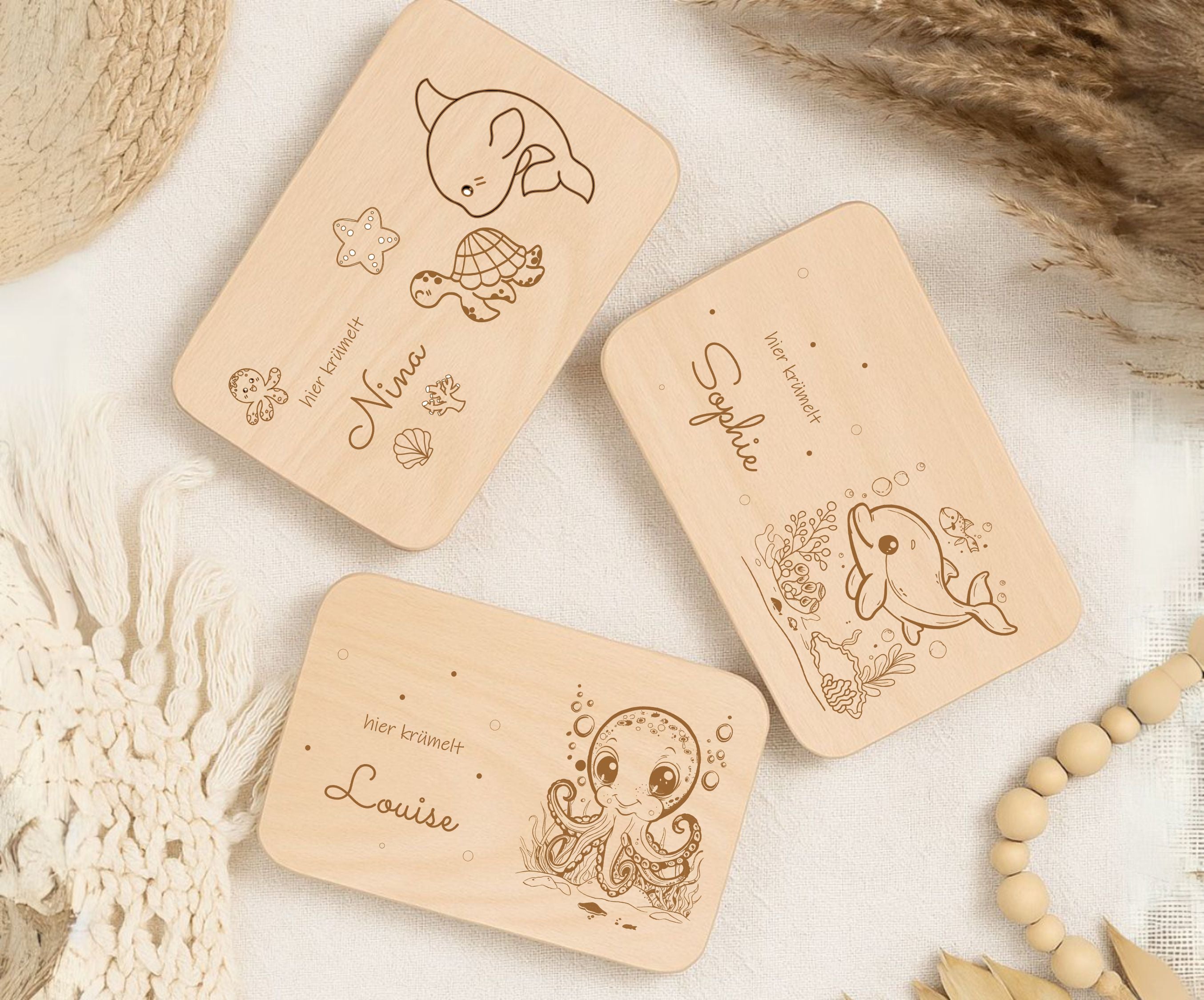 Personalisiertes Frühstücksbrettchen Kinder – Gravur mit Fischen, Hai, Oktopus & Meeresschildkröte