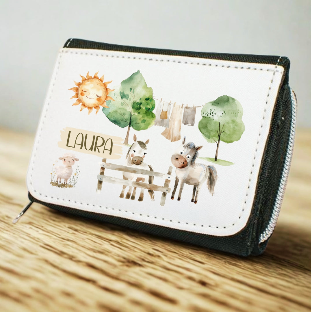 Kinder Geldbeutel Bauernhof personalisiert – Traktor, Pferd & Dorf Motiv