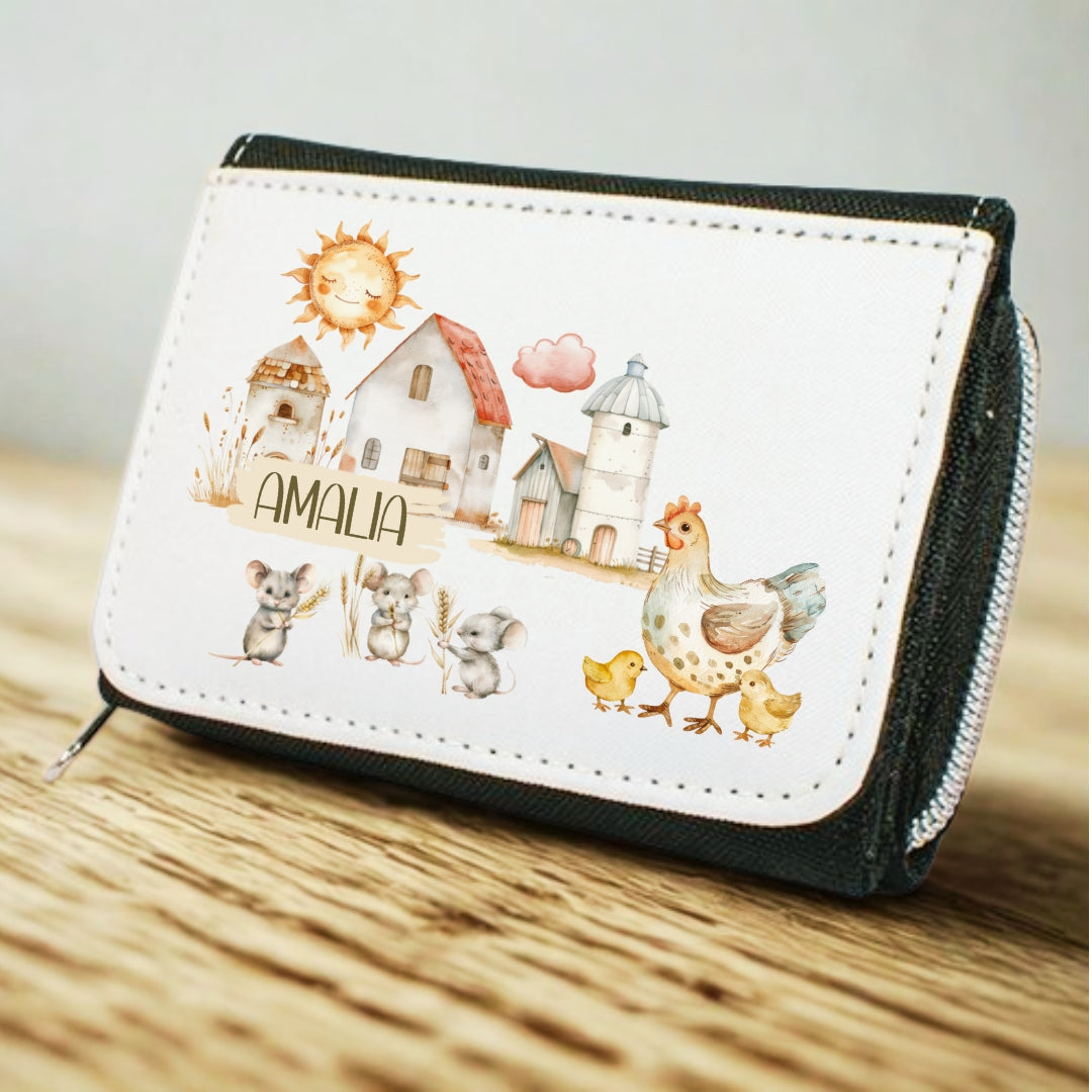 Kinder Geldbeutel Bauernhof personalisiert – Traktor, Pferd & Dorf Motiv