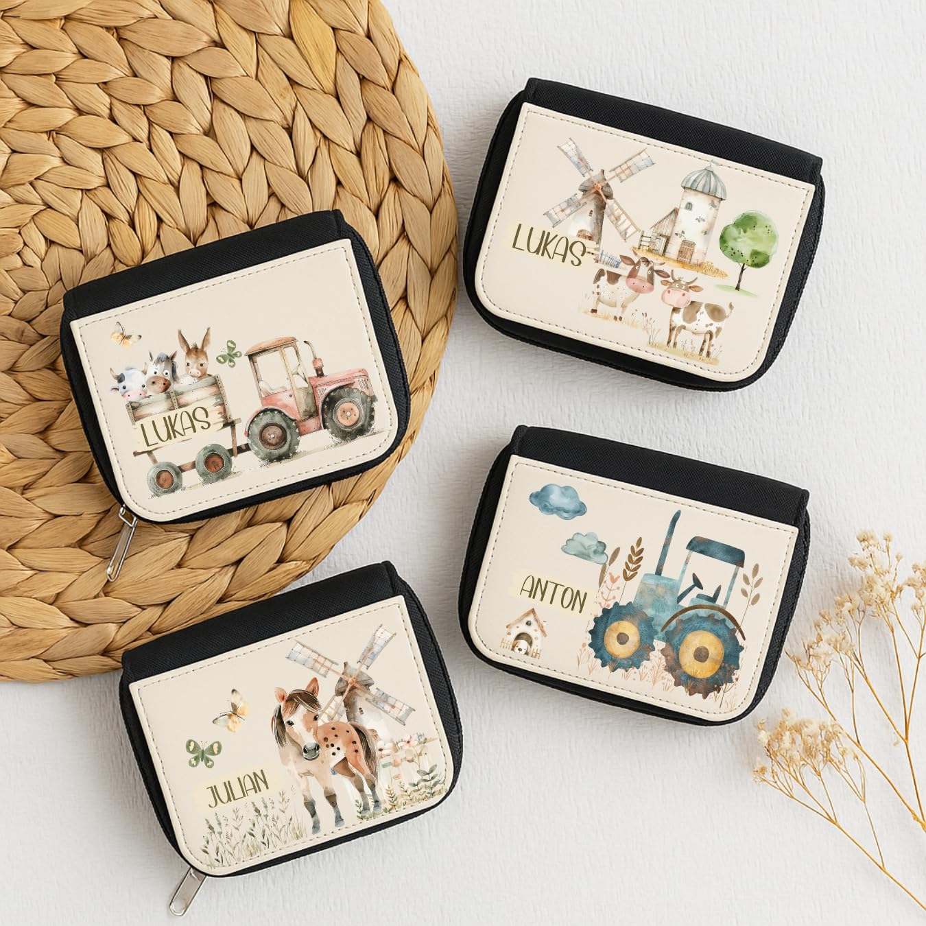 Kinder Geldbeutel Bauernhof personalisiert – Traktor, Pferd & Dorf Motiv