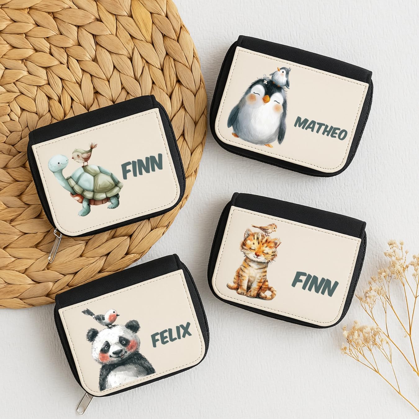Kinder Geldbeutel Tiere personalisiert – Pinguin, Panda, Tiger & Zebra