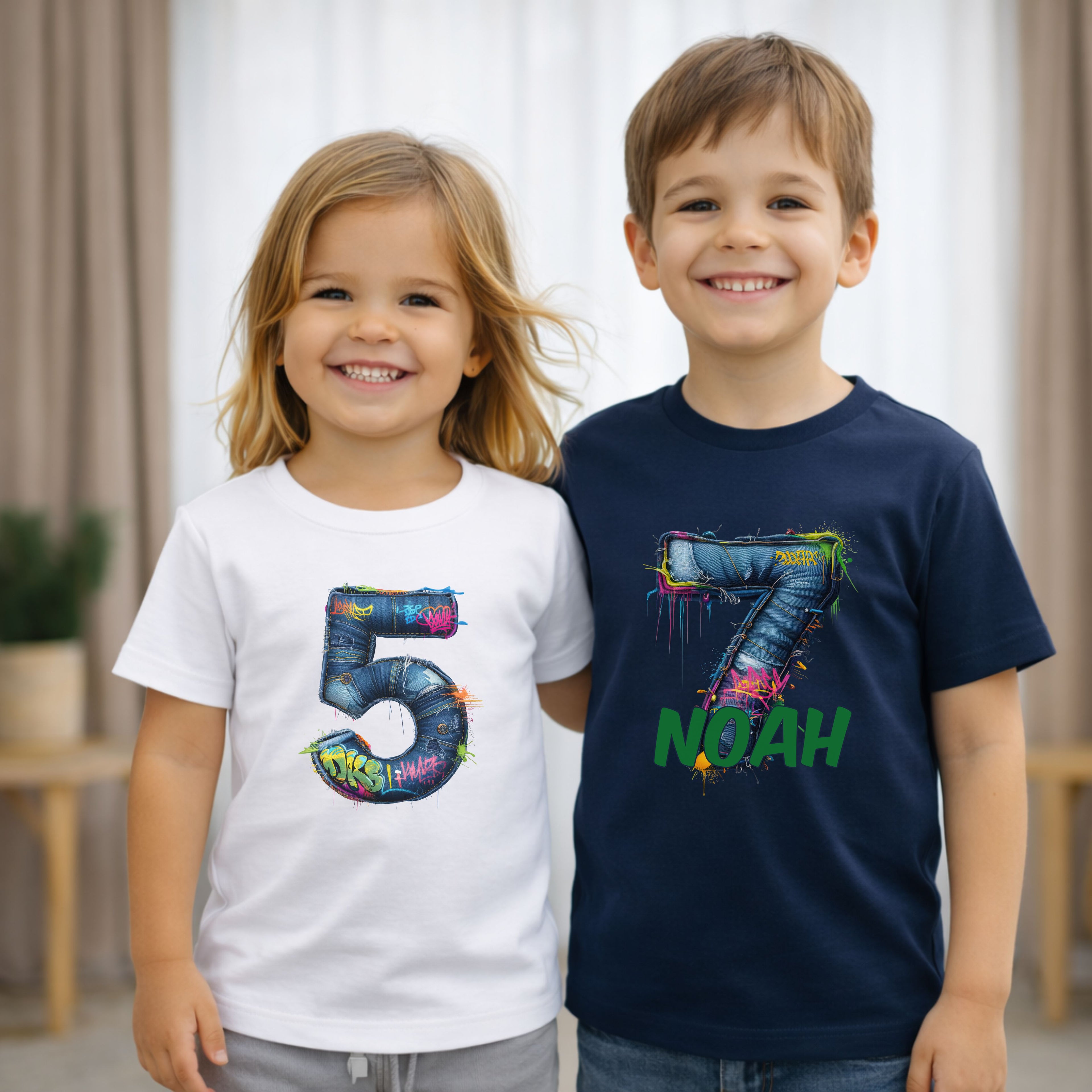 Geburtstagsshirt Kinder mit Graffiti Jeans Motiv und personalisiertem Namen