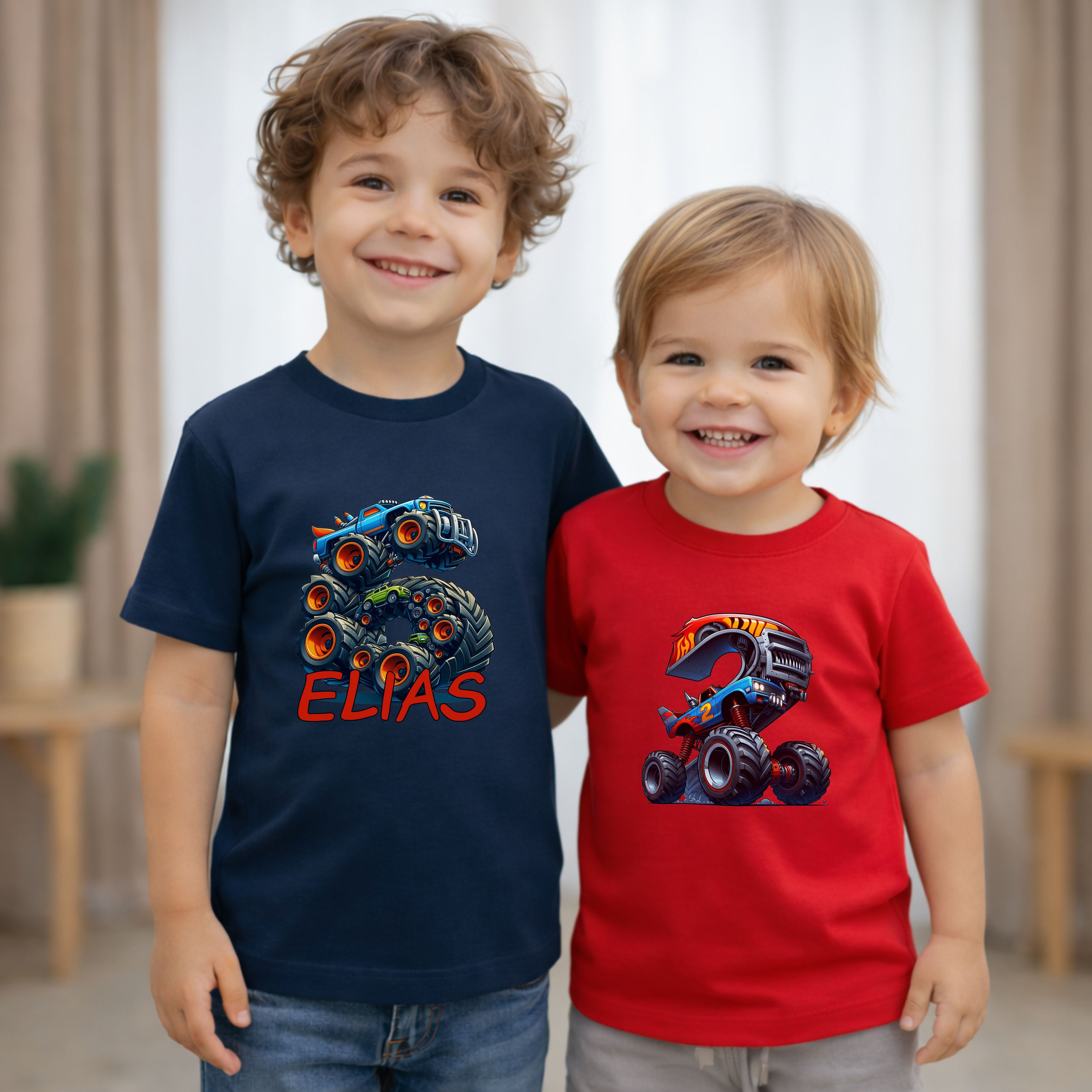 Geburtstagsshirt Kinder mit Monstertruck Motiv und personalisiertem Namen