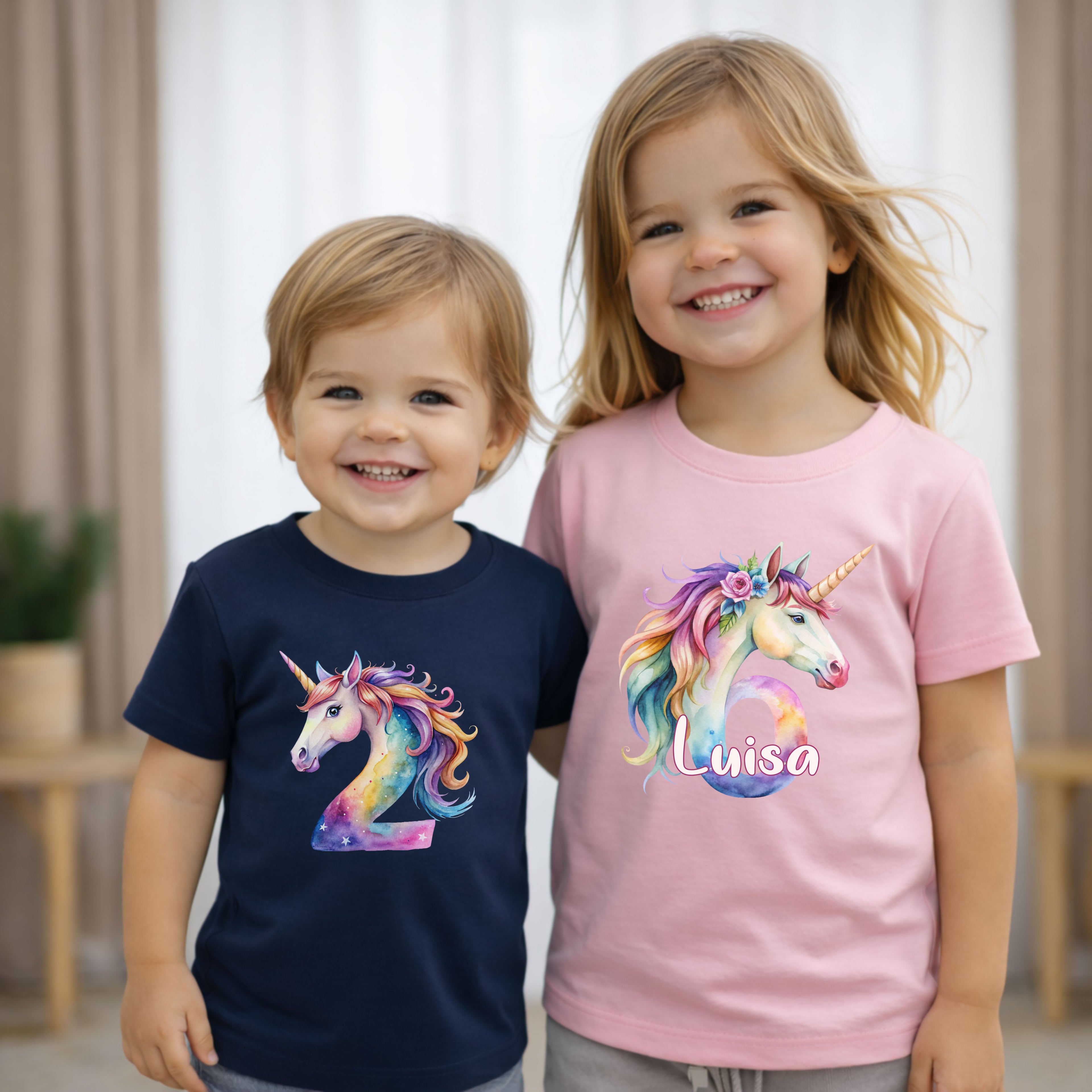 Geburtstagsshirt Mädchen mit Einhorn Motiv und personalisiertem Namen