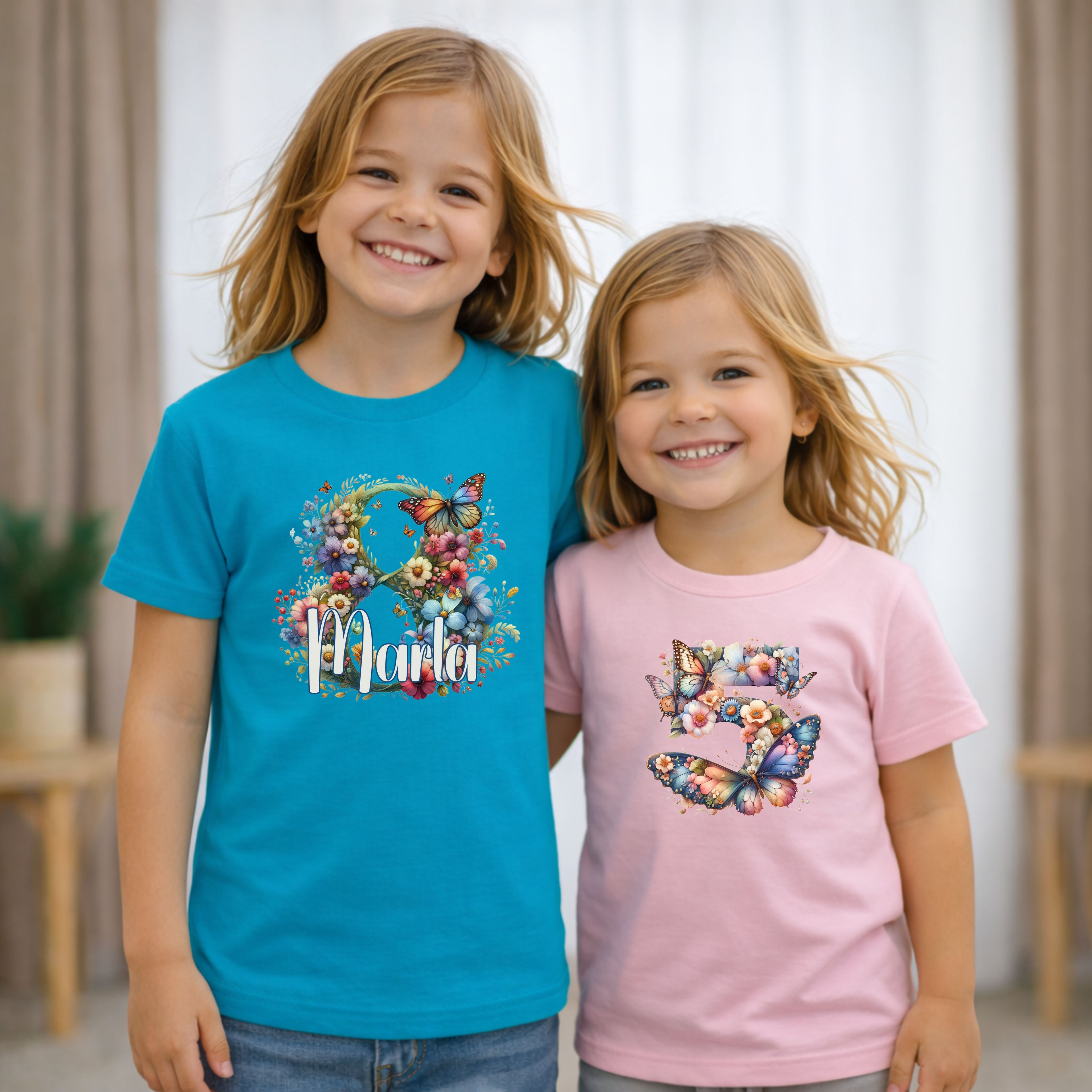 Geburtstagsshirt Mädchen T-Shirt mit Blume Schmetterling Motiv personalisiert mit Name und Alter