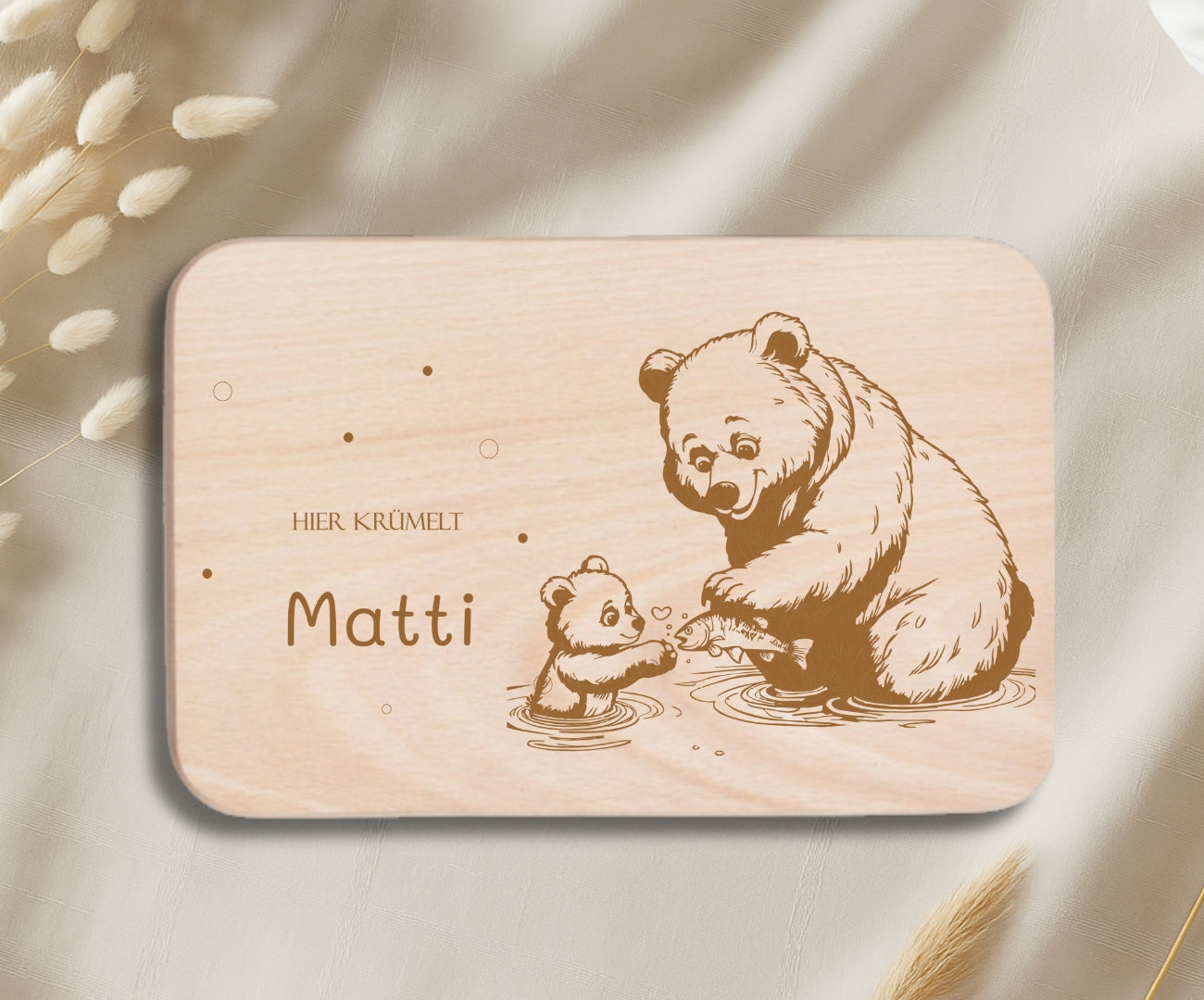 Personalisiertes Frühstücksbrettchen Kinder – Tierfamilien Gravur (Fuchs, Pferd, Hamster, Bär, Katze & Hund)