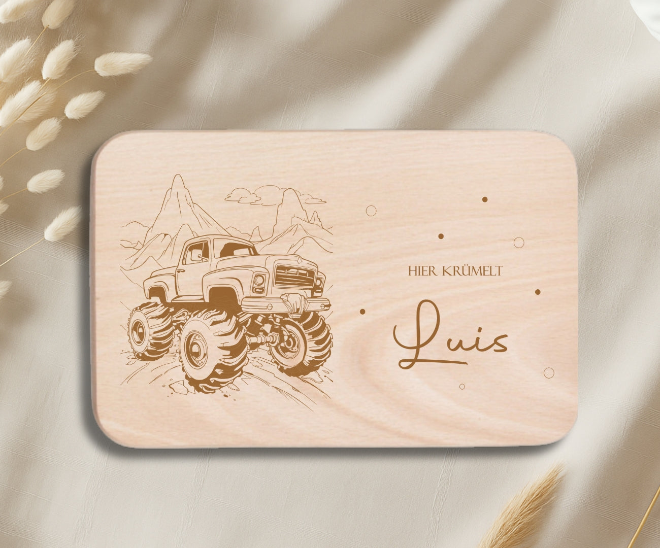 Personalisiertes Frühstücksbrettchen Kinder – Monstertruck Motiv mit Gravur