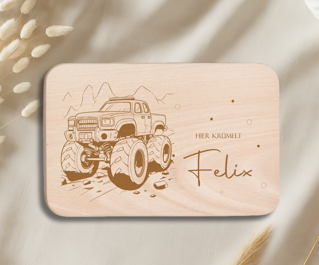 Personalisiertes Frühstücksbrettchen Kinder – Monstertruck Motiv mit Gravur
