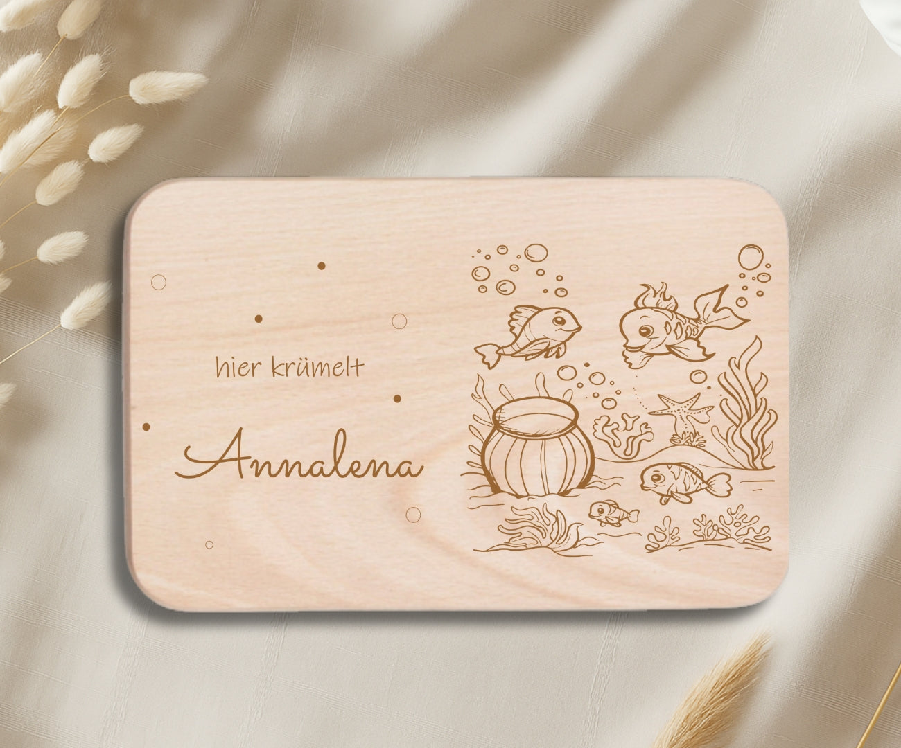 Personalisiertes Frühstücksbrettchen Kinder – Unterwasserwelt Gravur (Fische, Hai, Oktopus & Meeresschildkröte)