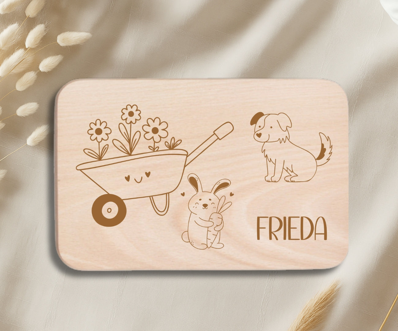 Personalisiertes Holzbrettchen Kinder – Bauernhof Motiv mit Gravur (Kuh, Pferd, Schaf, Dorf)