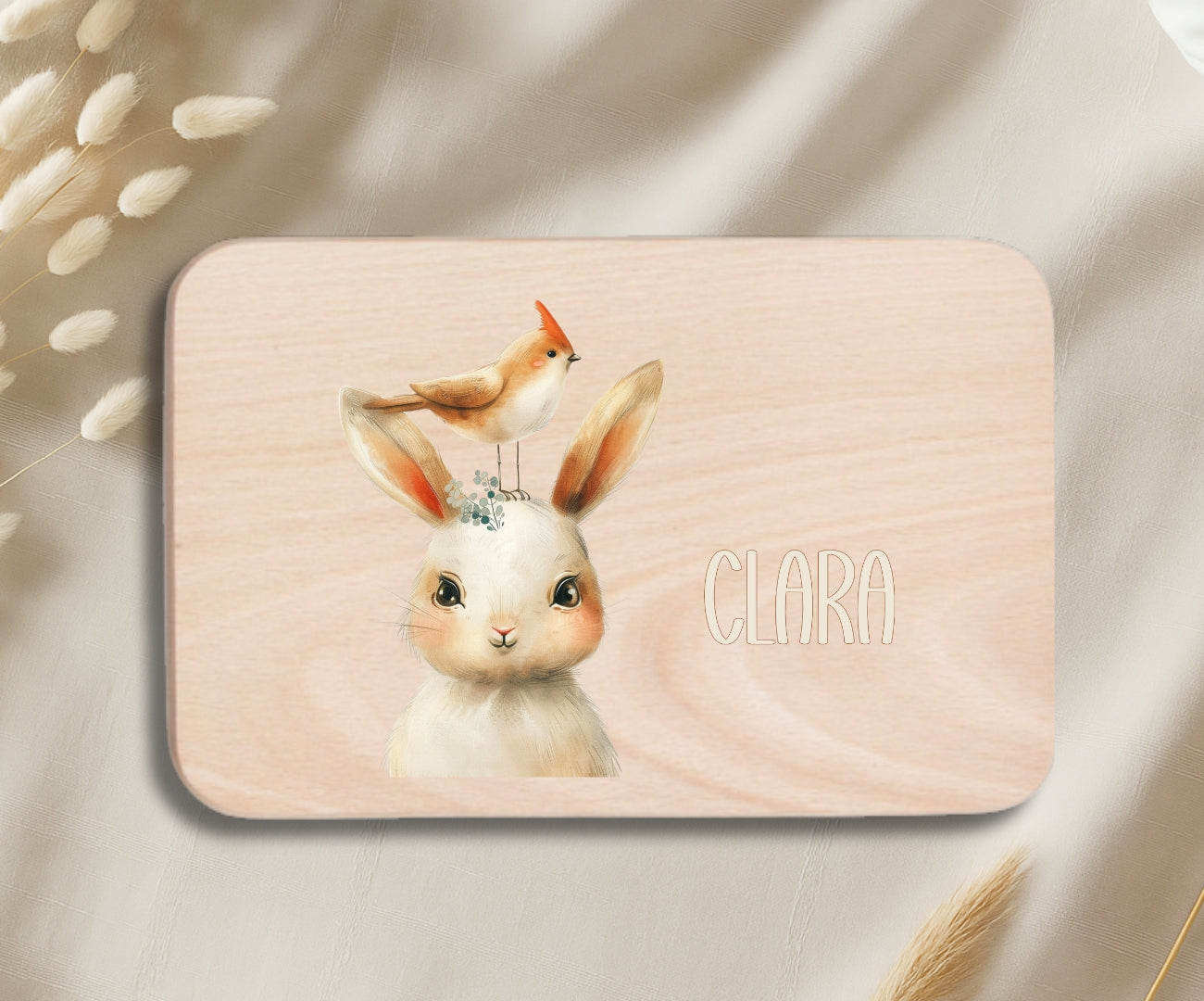 Personalisiertes Holzbrettchen Kinder – Beige Tiermotive mit Name