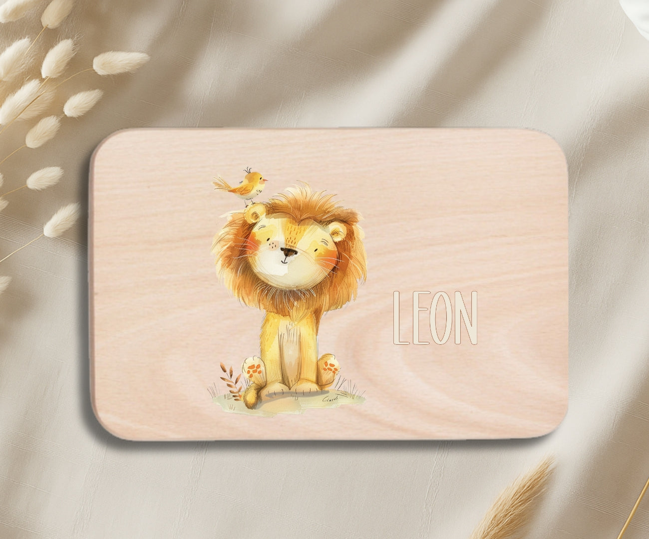 Personalisiertes Holzbrettchen Kinder – Beige Tiermotive mit Name