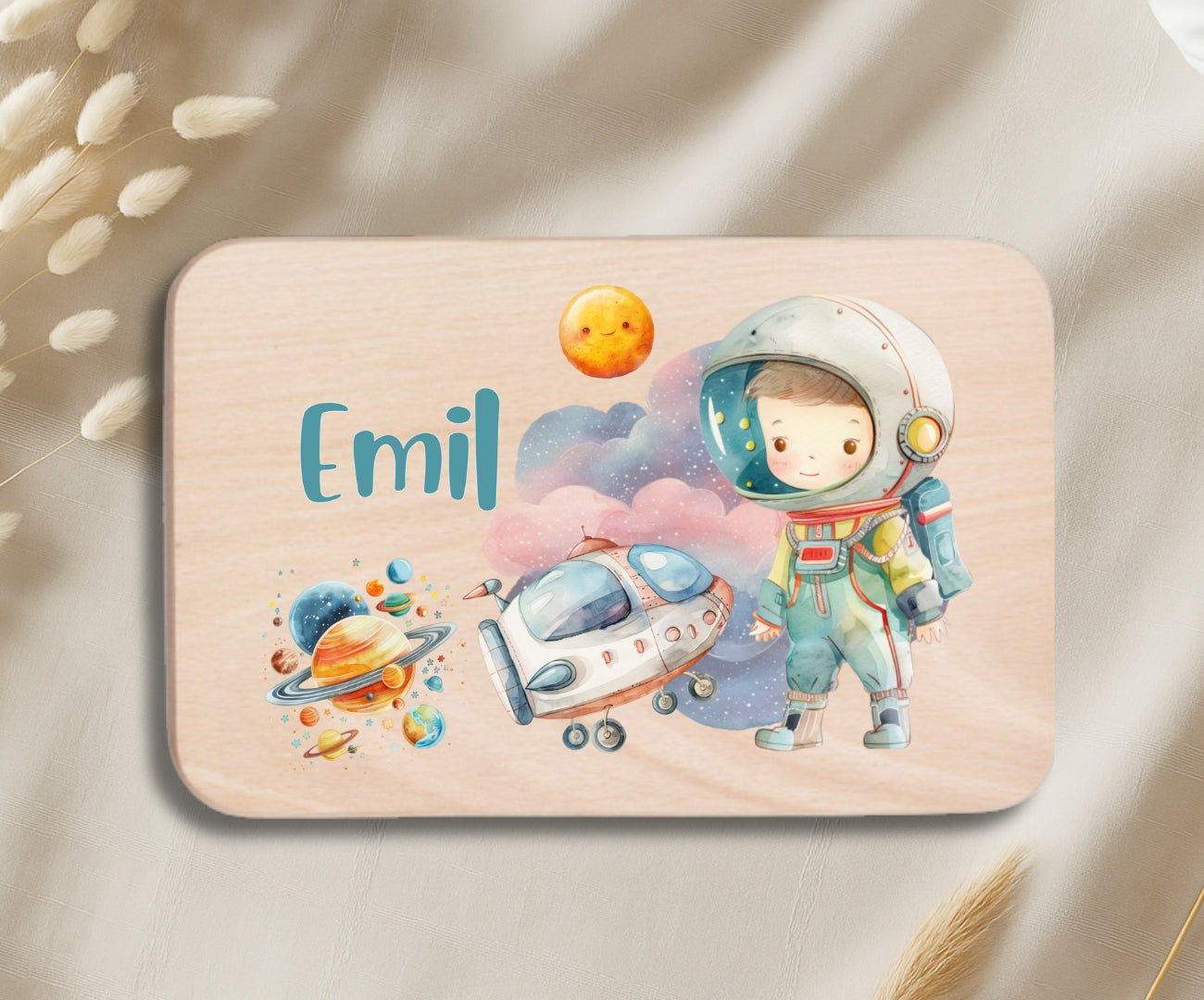 Personalisiertes Holzbrettchen Kinder – Weltall Motiv mit Name