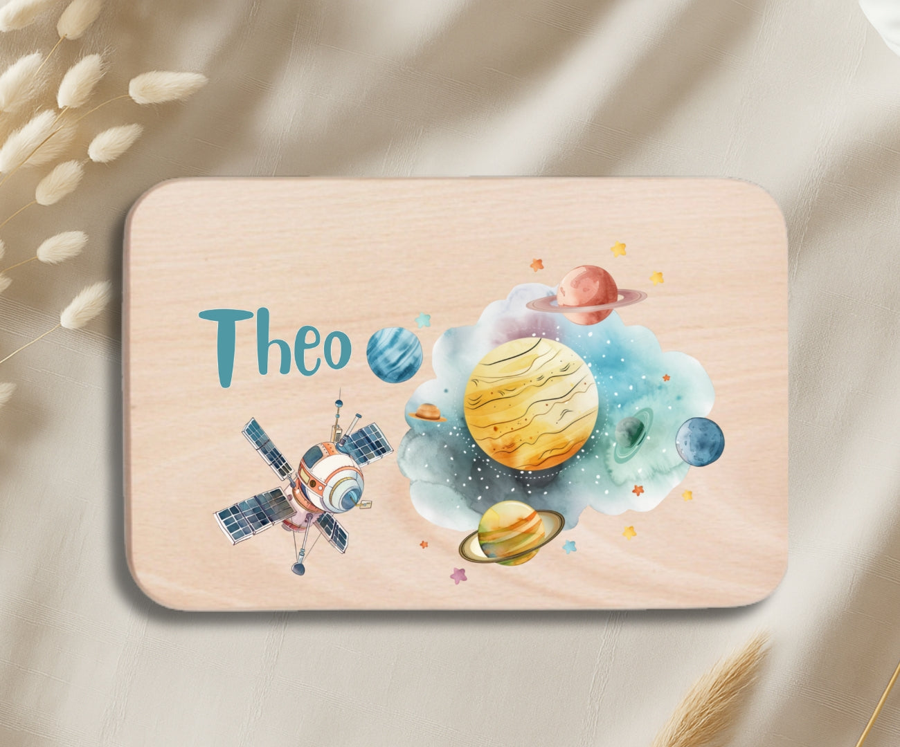 Personalisiertes Holzbrettchen Kinder – Weltall Motiv mit Name