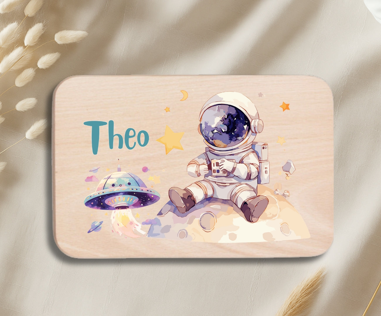 Personalisiertes Holzbrettchen Kinder – Weltall Motiv mit Name