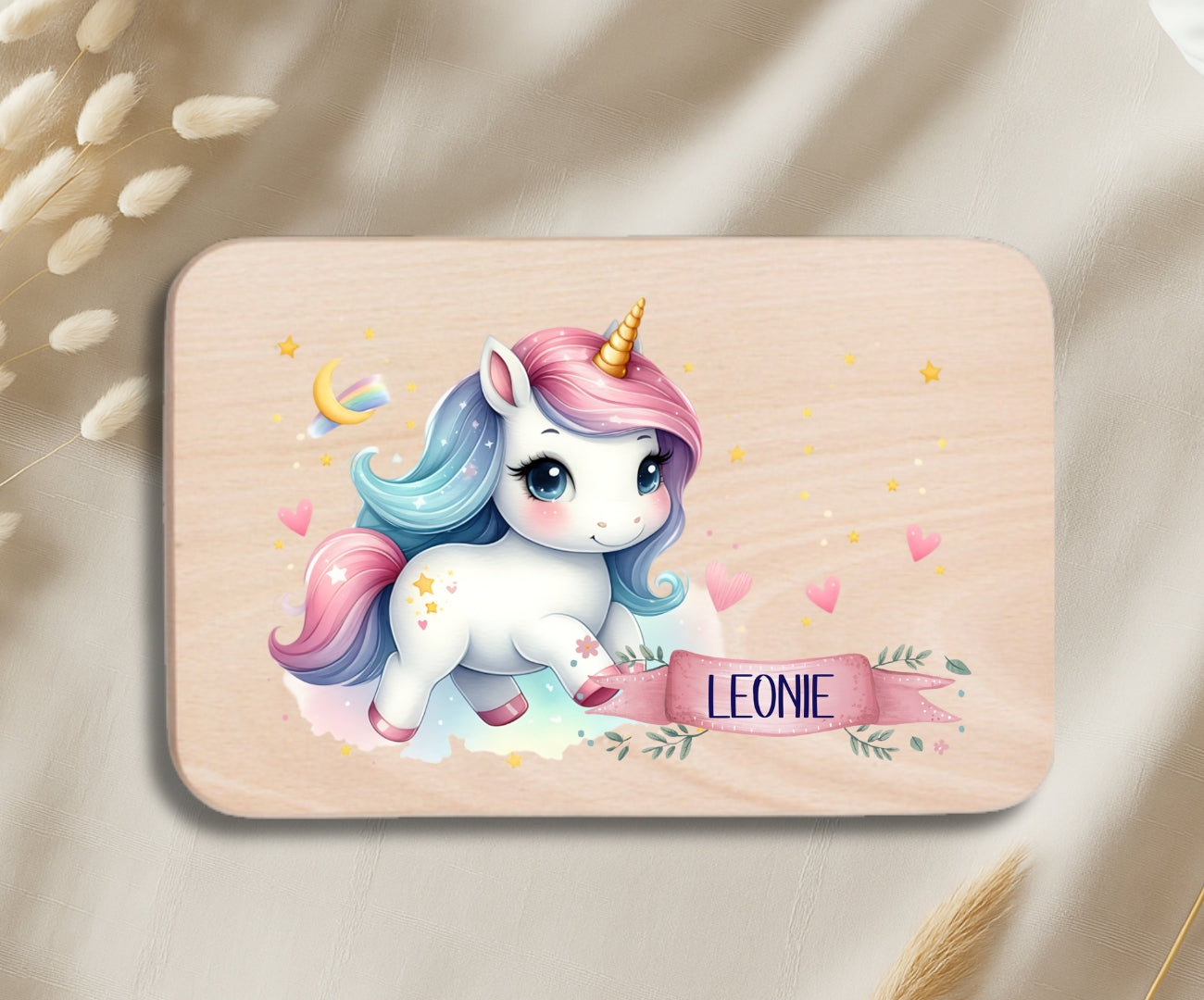 Personalisiertes Holzbrettchen Kinder – Einhorn Motiv mit Name