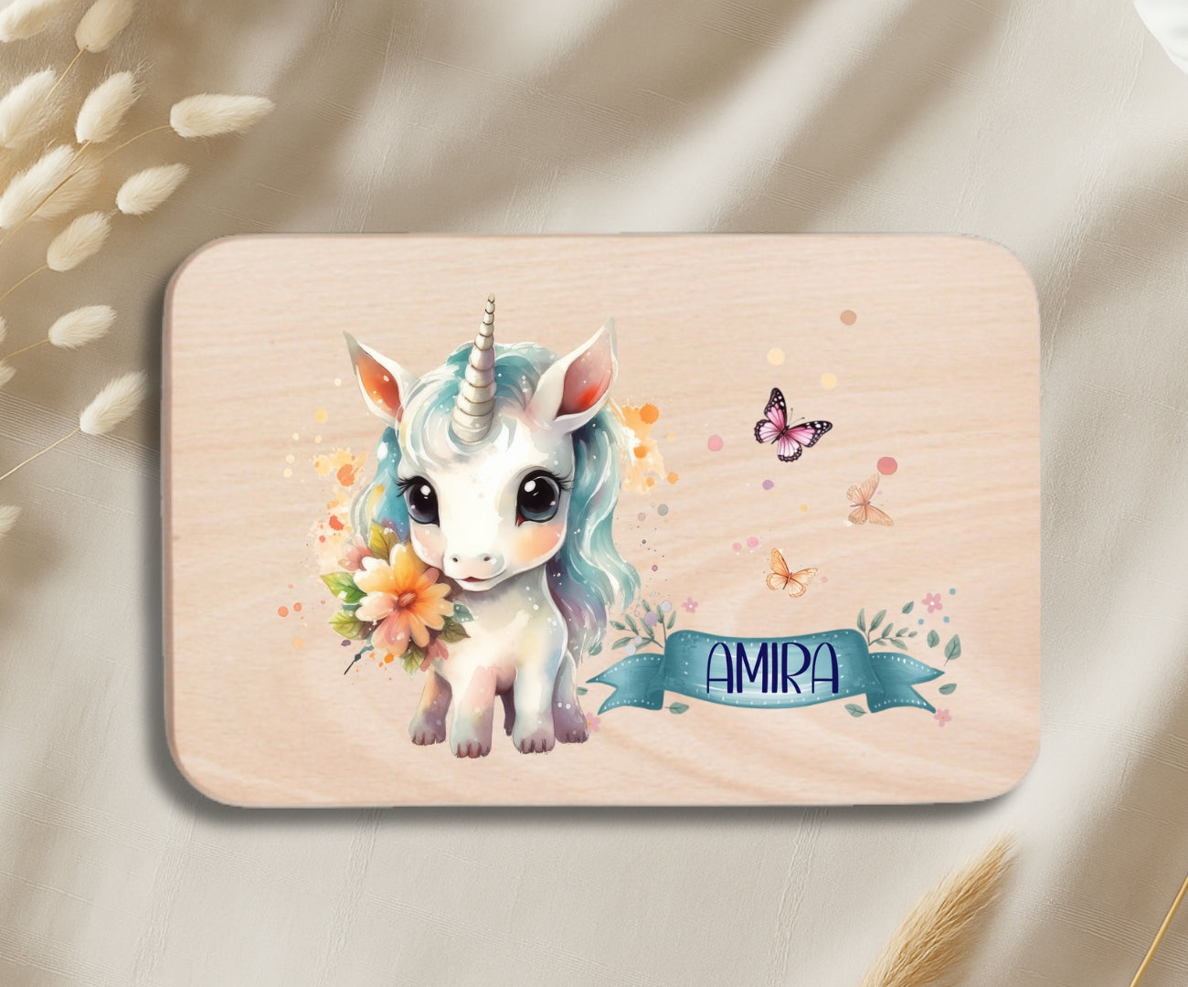 Personalisiertes Holzbrettchen Kinder – Einhorn Motiv mit Name