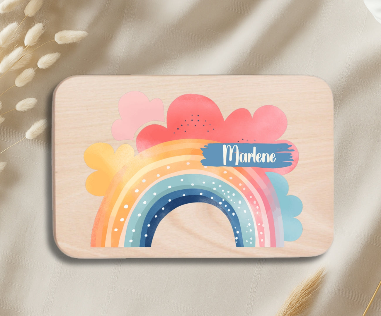 Personalisiertes Holzbrettchen Kinder – Regenbogen Motiv mit Name
