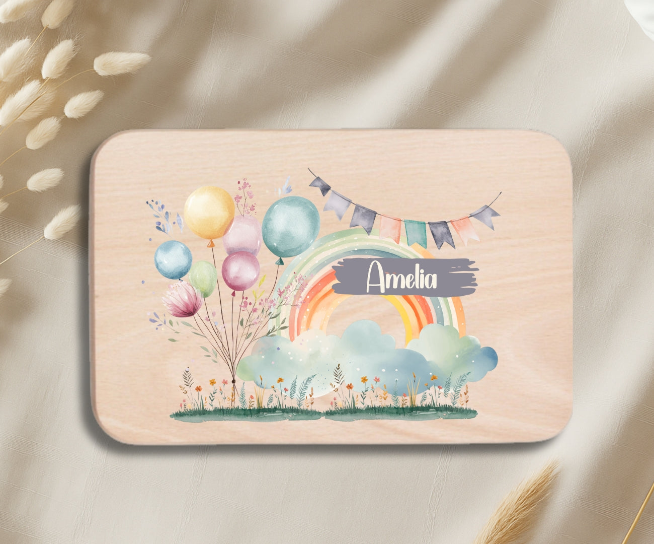 Personalisiertes Holzbrettchen Kinder – Regenbogen Motiv mit Name