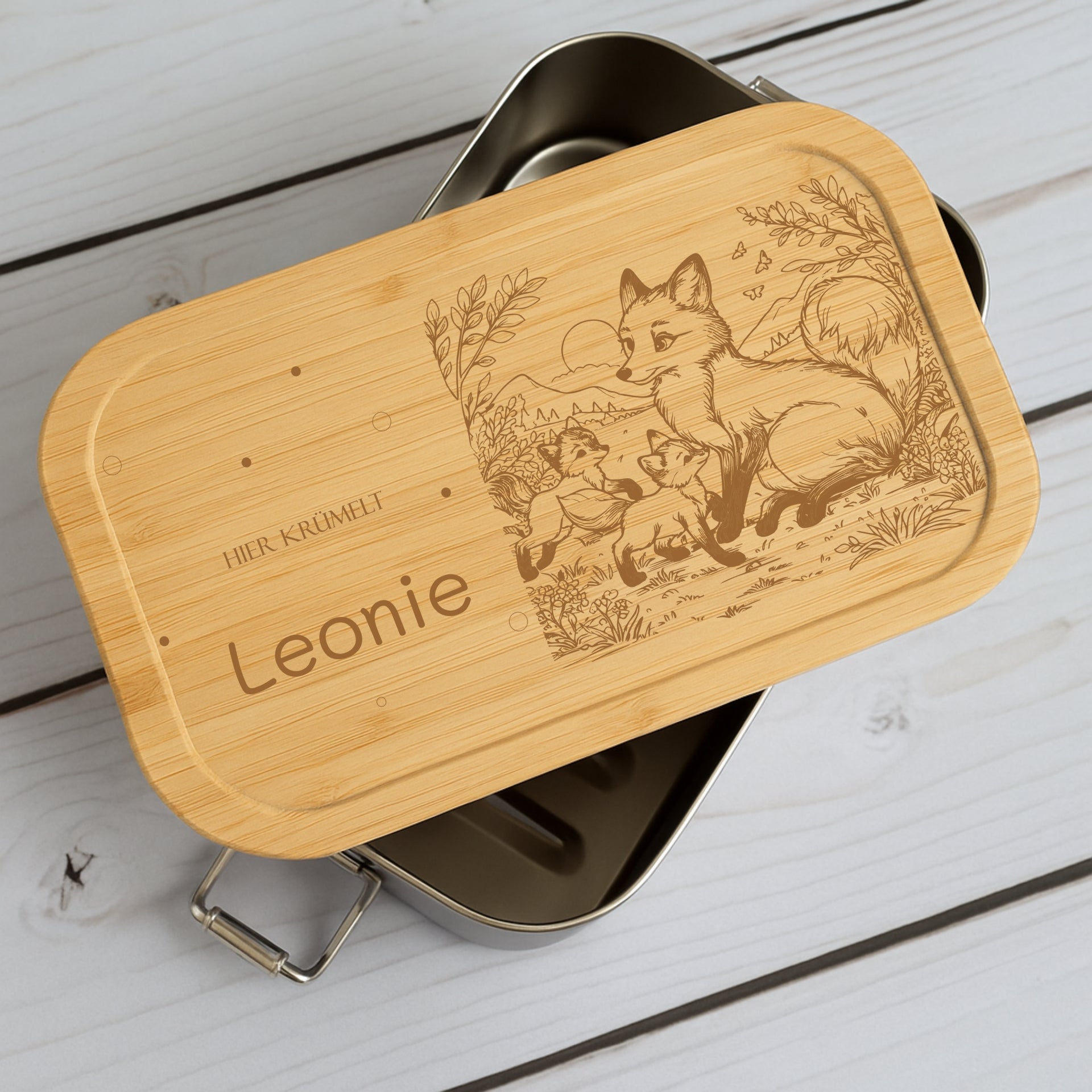 Brotdose Metall Tierfamilien – Holzdeckel mit Name graviert