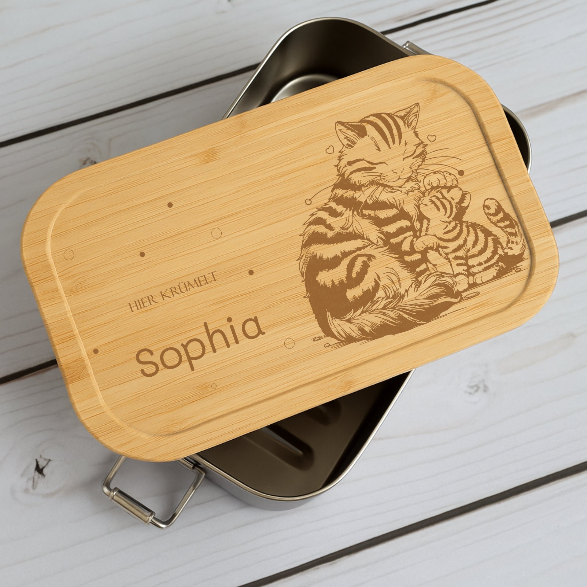 Brotdose Metall Tierfamilien – Holzdeckel mit Name graviert