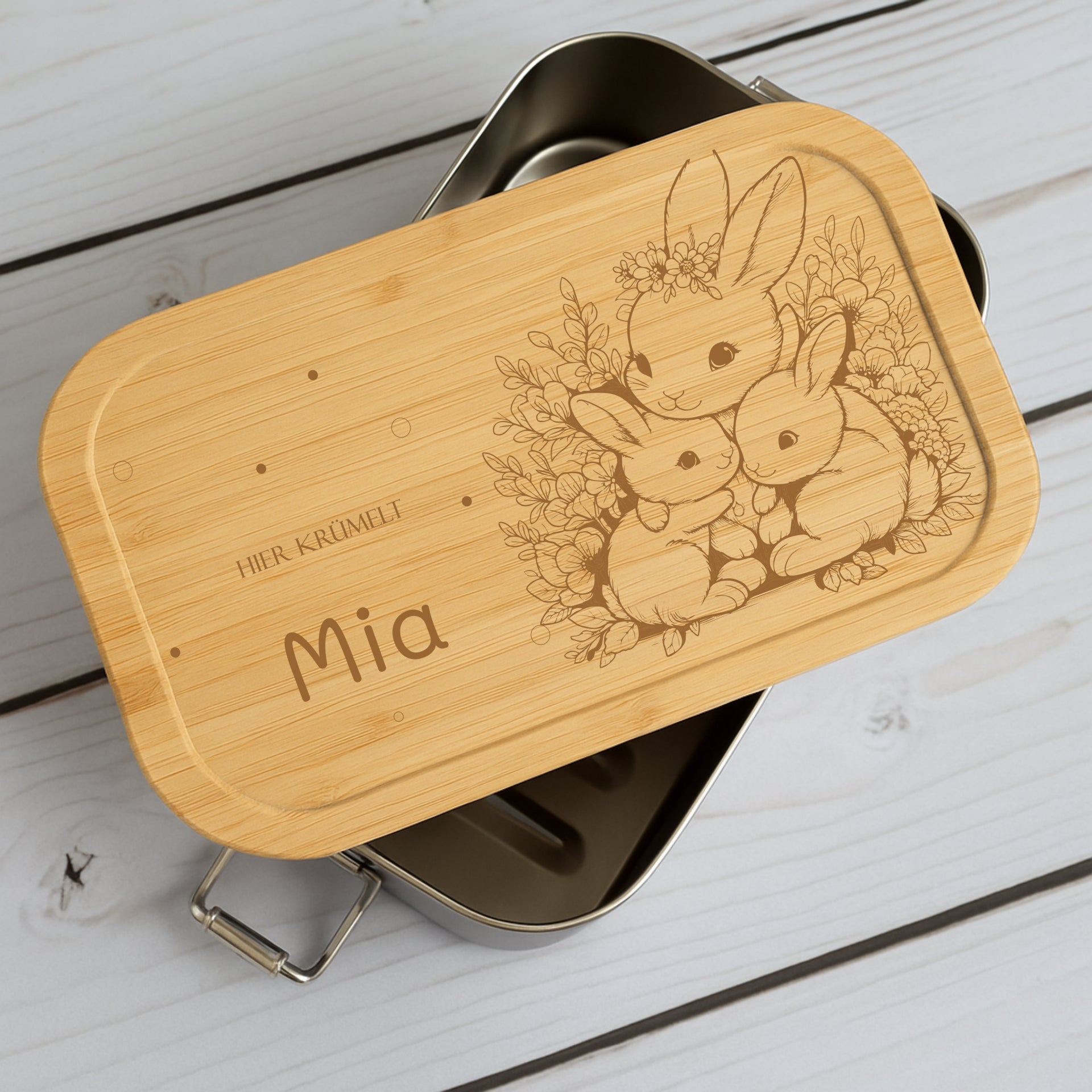 Brotdose Metall Tierfamilien – Holzdeckel mit Name graviert