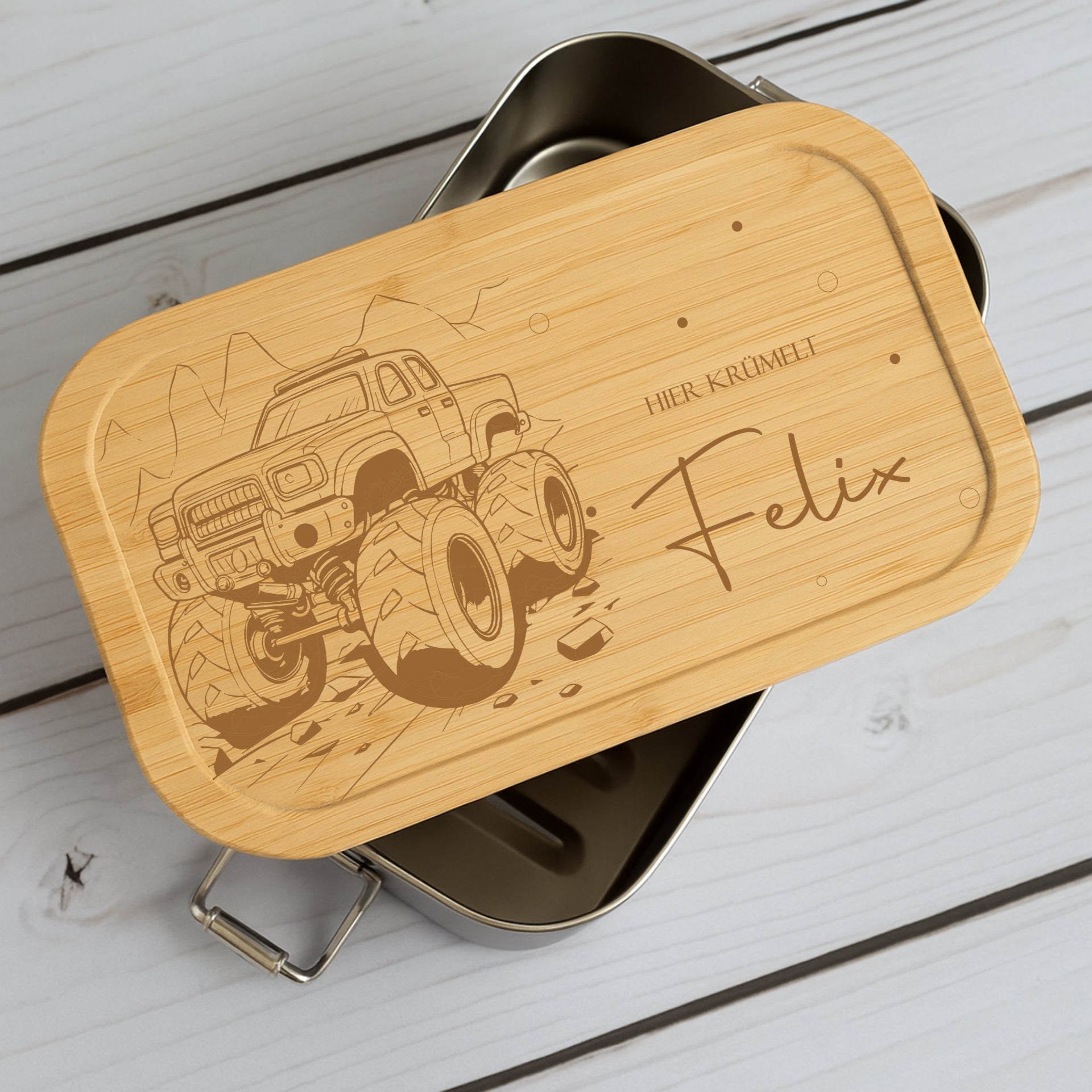 Brotdose Metall Monstertruck – Lunchbox mit Holzdeckel & Name