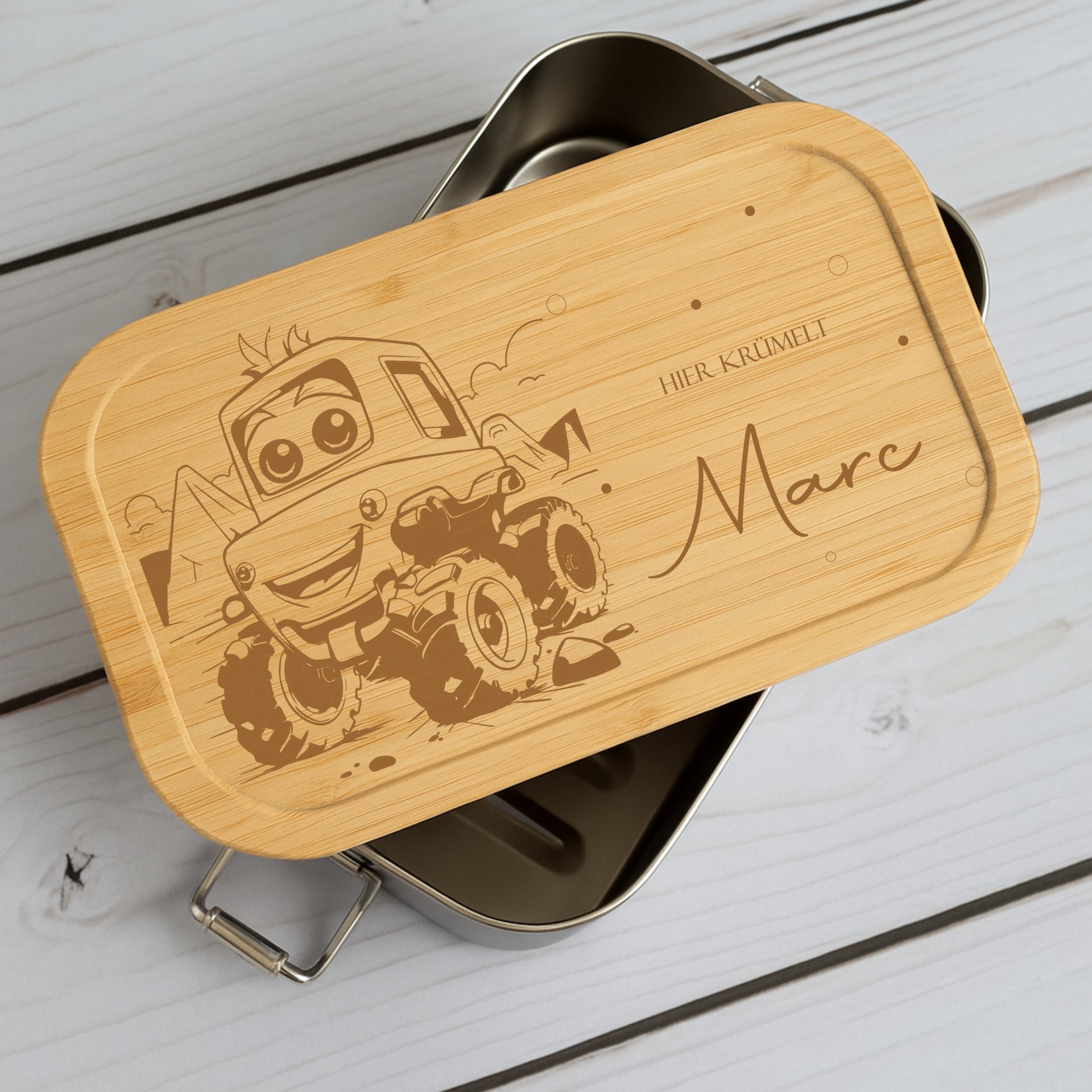 Brotdose Metall Monstertruck – Lunchbox mit Holzdeckel & Name