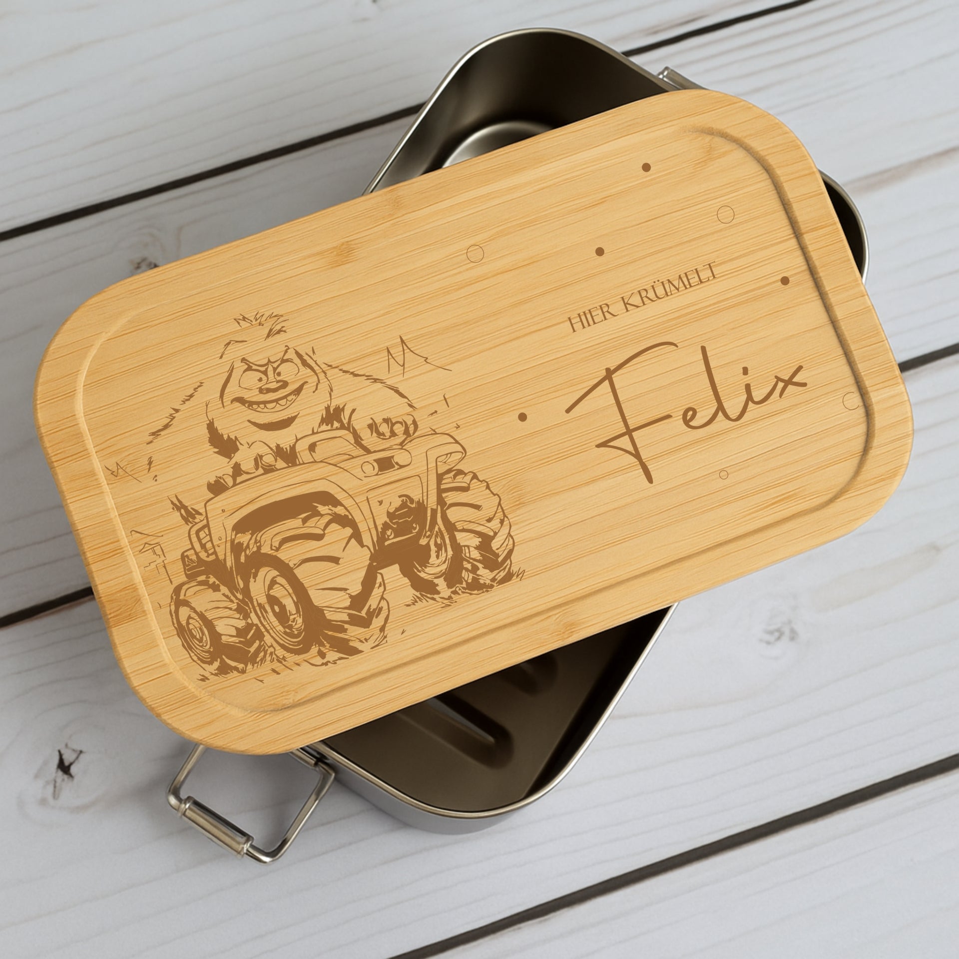Brotdose Metall Monstertruck – Lunchbox mit Holzdeckel & Name