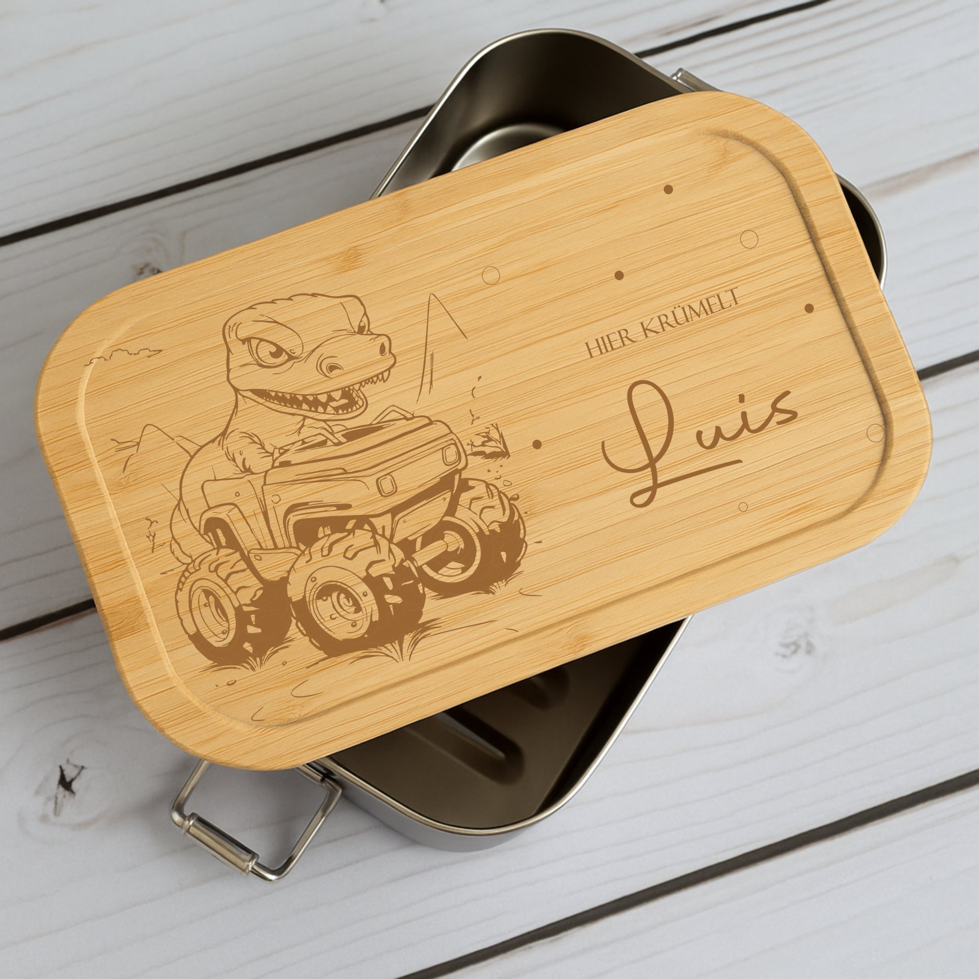 Brotdose Metall Monstertruck – Lunchbox mit Holzdeckel & Name