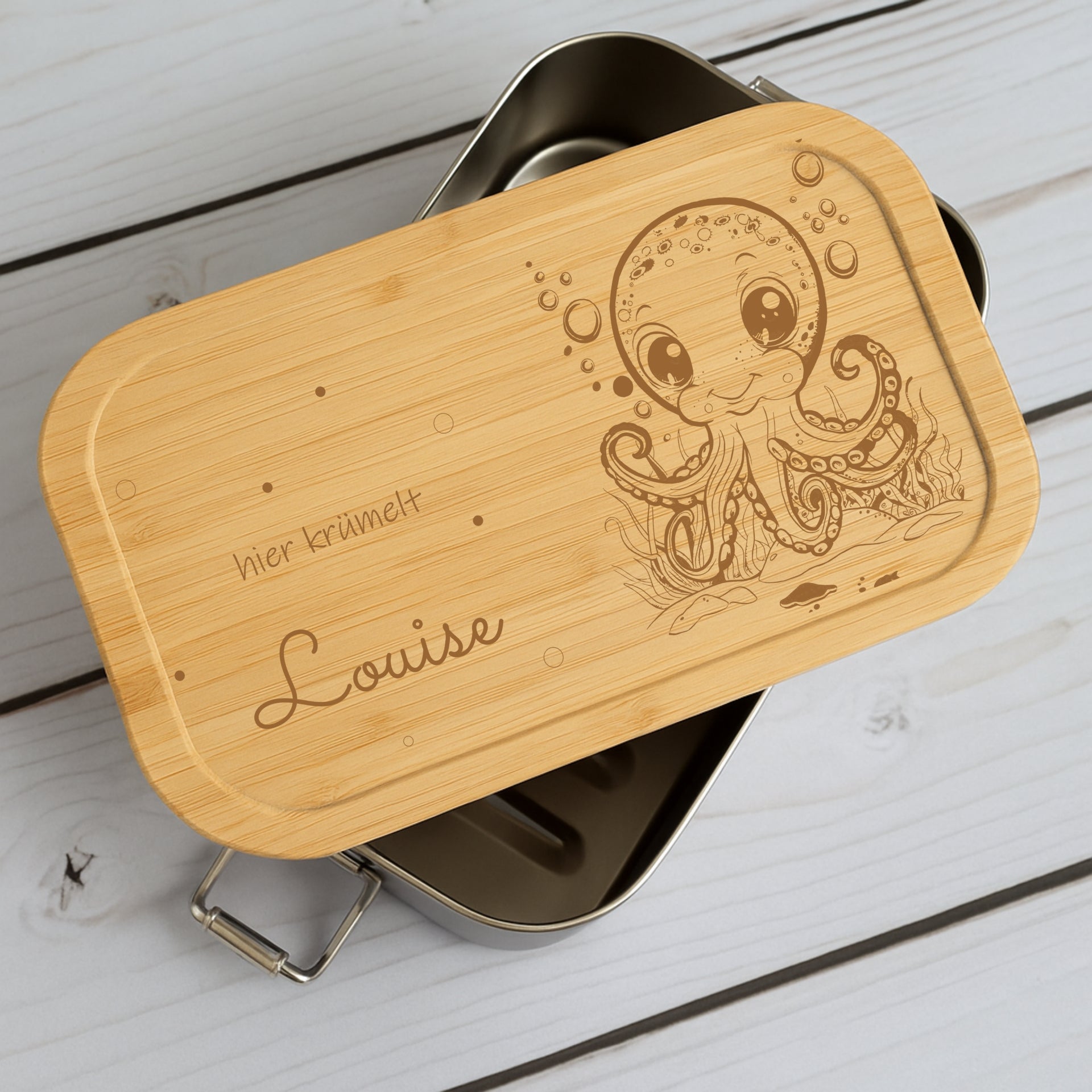 Brotdose Metall Unterwasserwelt – Holzdeckel mit Name graviert