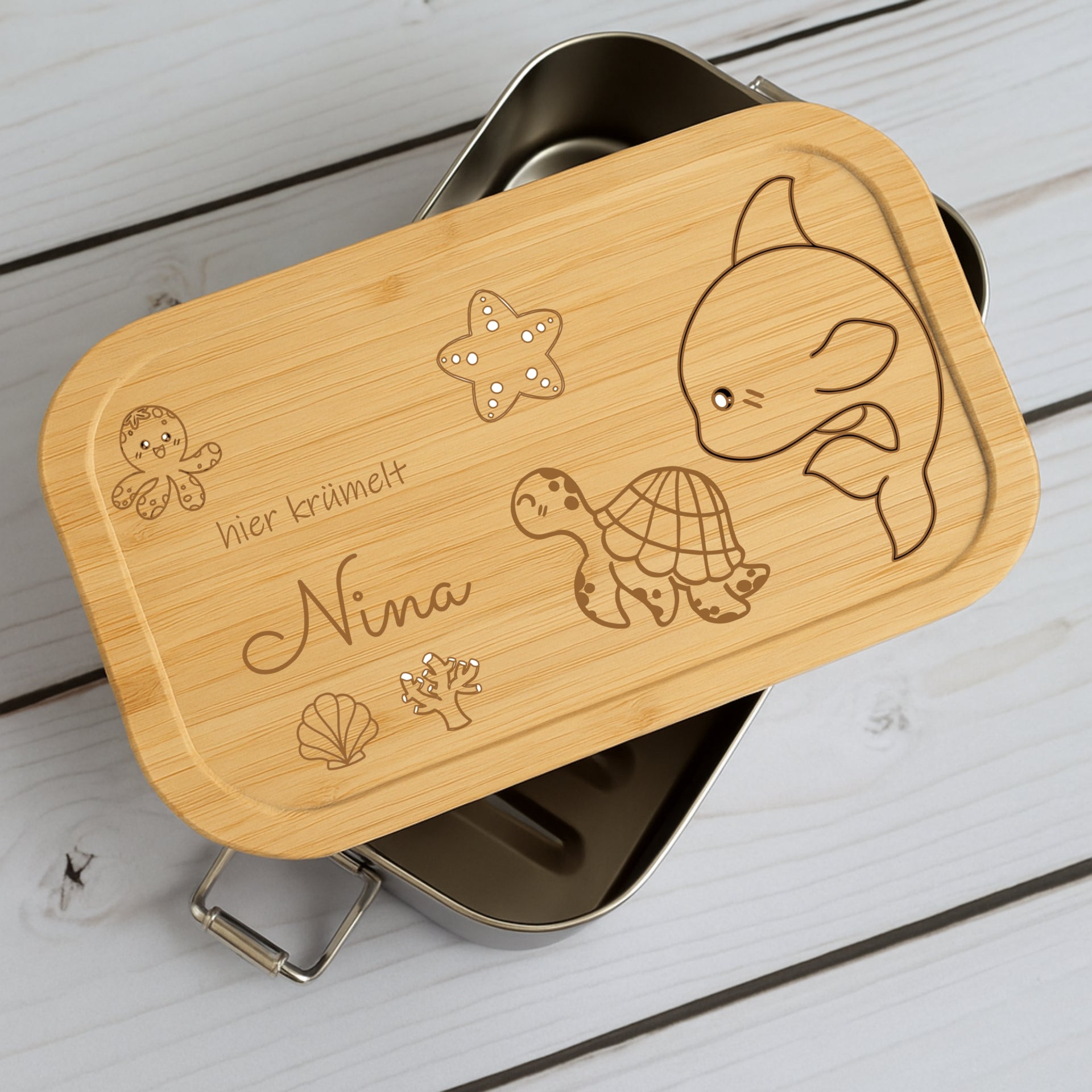 Brotdose Metall Unterwasserwelt – Holzdeckel mit Name graviert