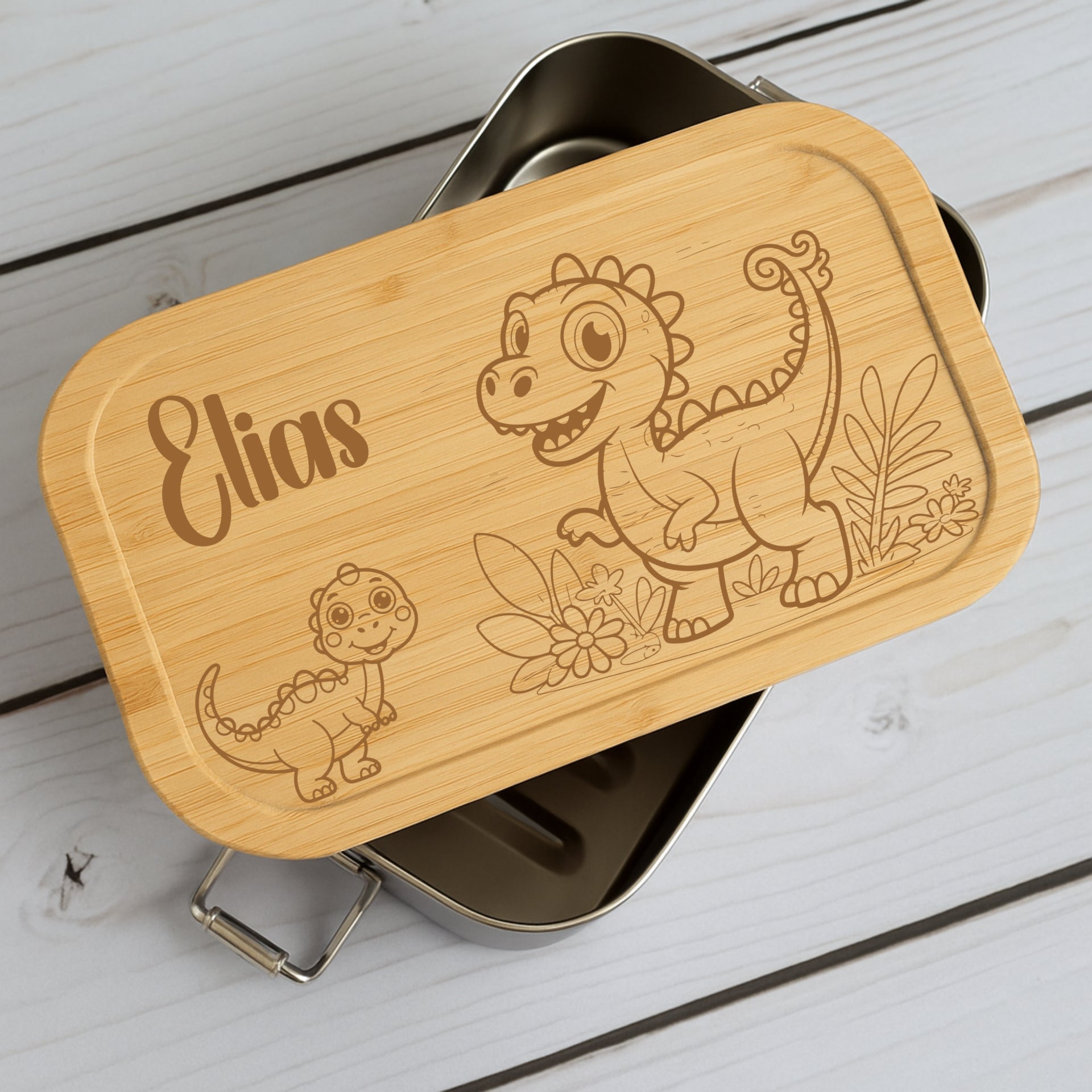 Brotdose Metall Dino – Lunchbox mit Holzdeckel & Name