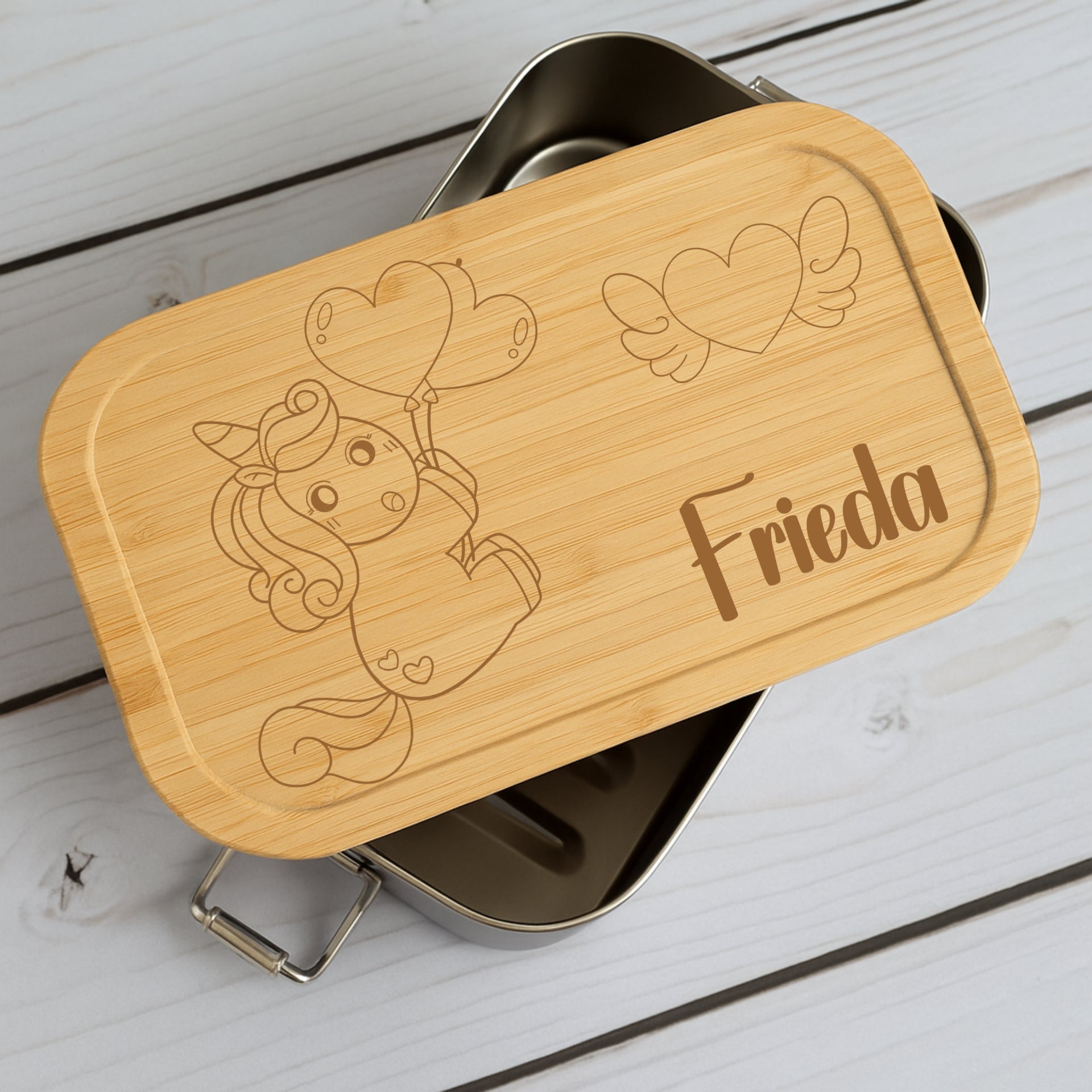 Brotdose Metall Einhorn – Lunchbox mit Holzdeckel & Name