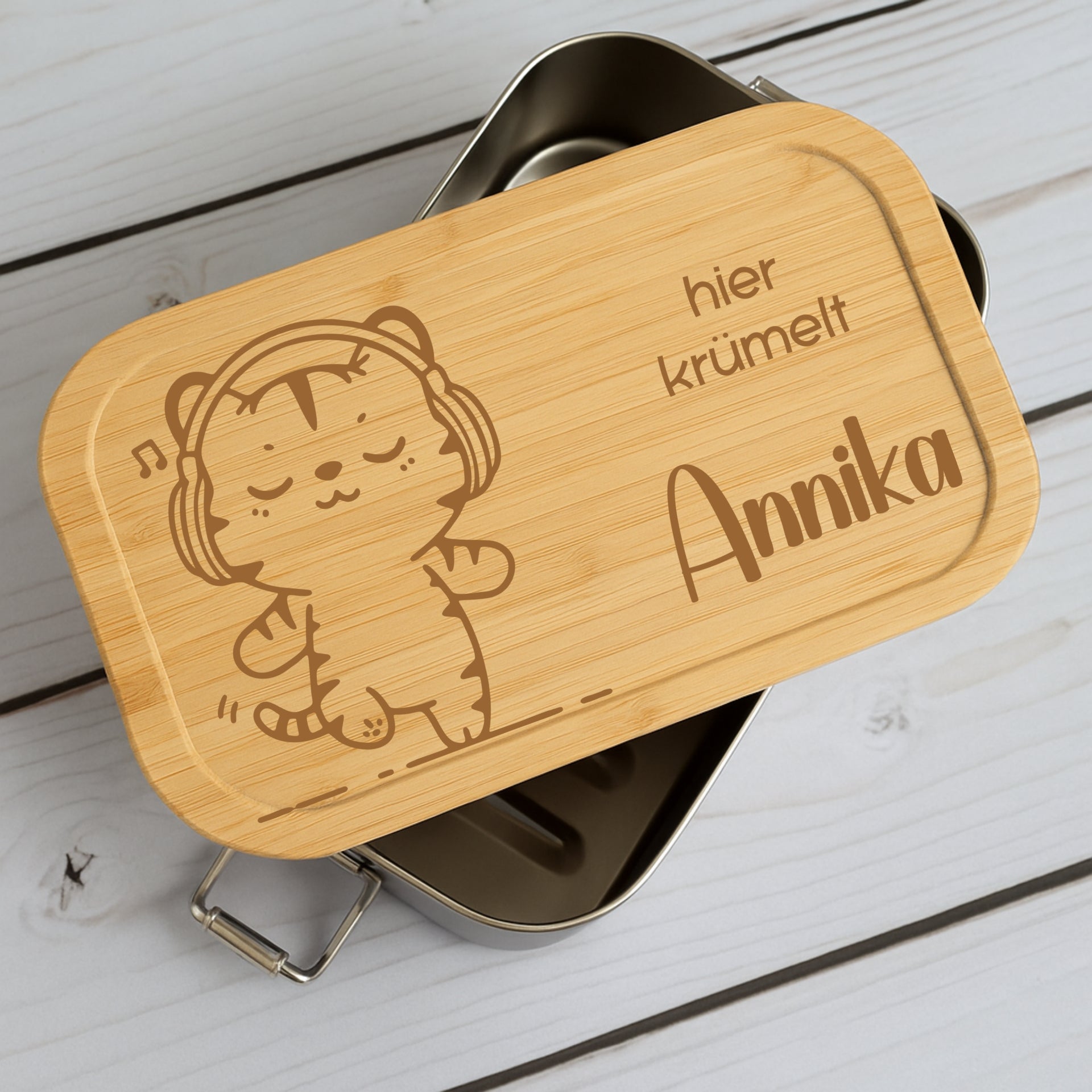 Brotdose Metall Lustige Tiere – Lunchbox mit Holzdeckel & Name