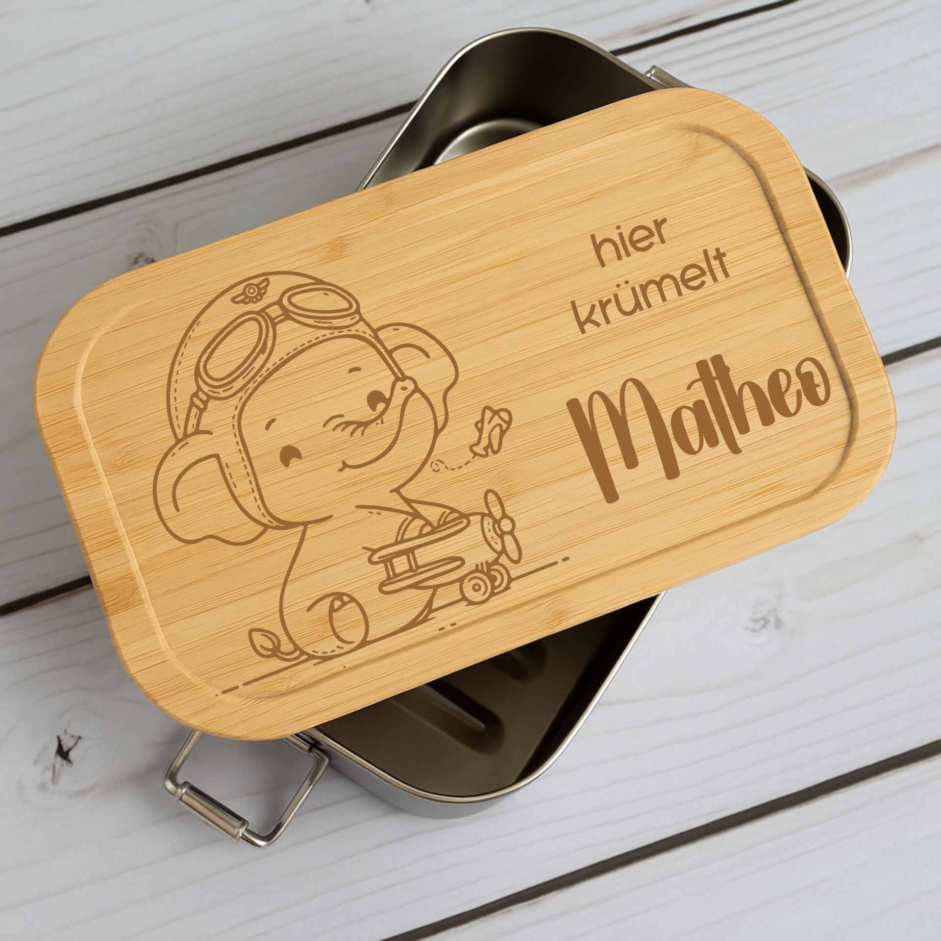 Brotdose Metall Lustige Tiere – Lunchbox mit Holzdeckel & Name