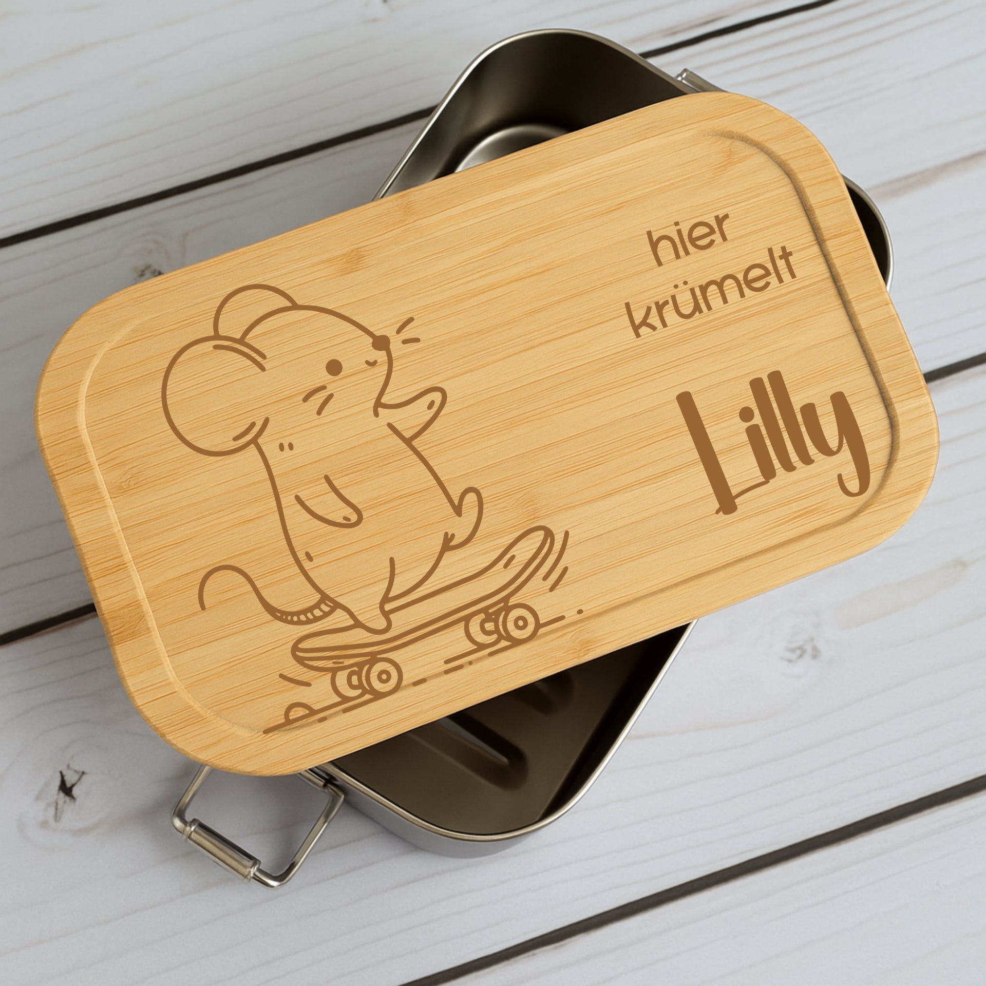 Brotdose Metall Lustige Tiere – Lunchbox mit Holzdeckel & Name