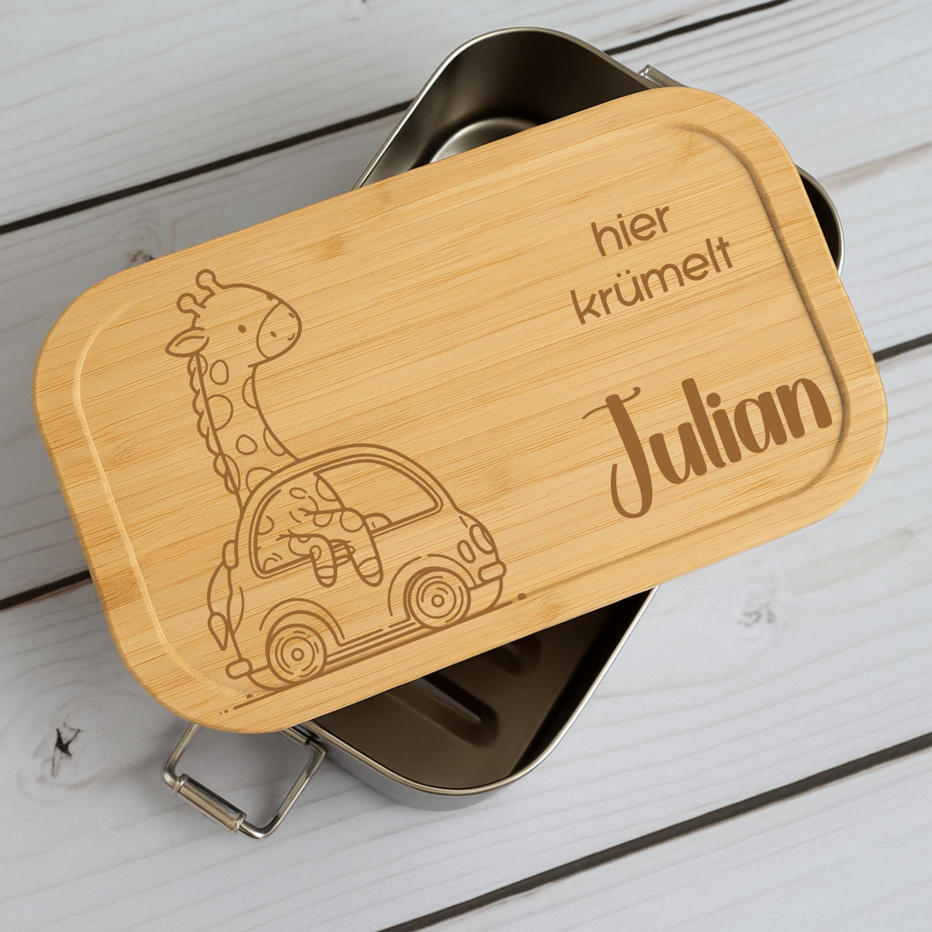 Brotdose Metall Lustige Tiere – Lunchbox mit Holzdeckel & Name