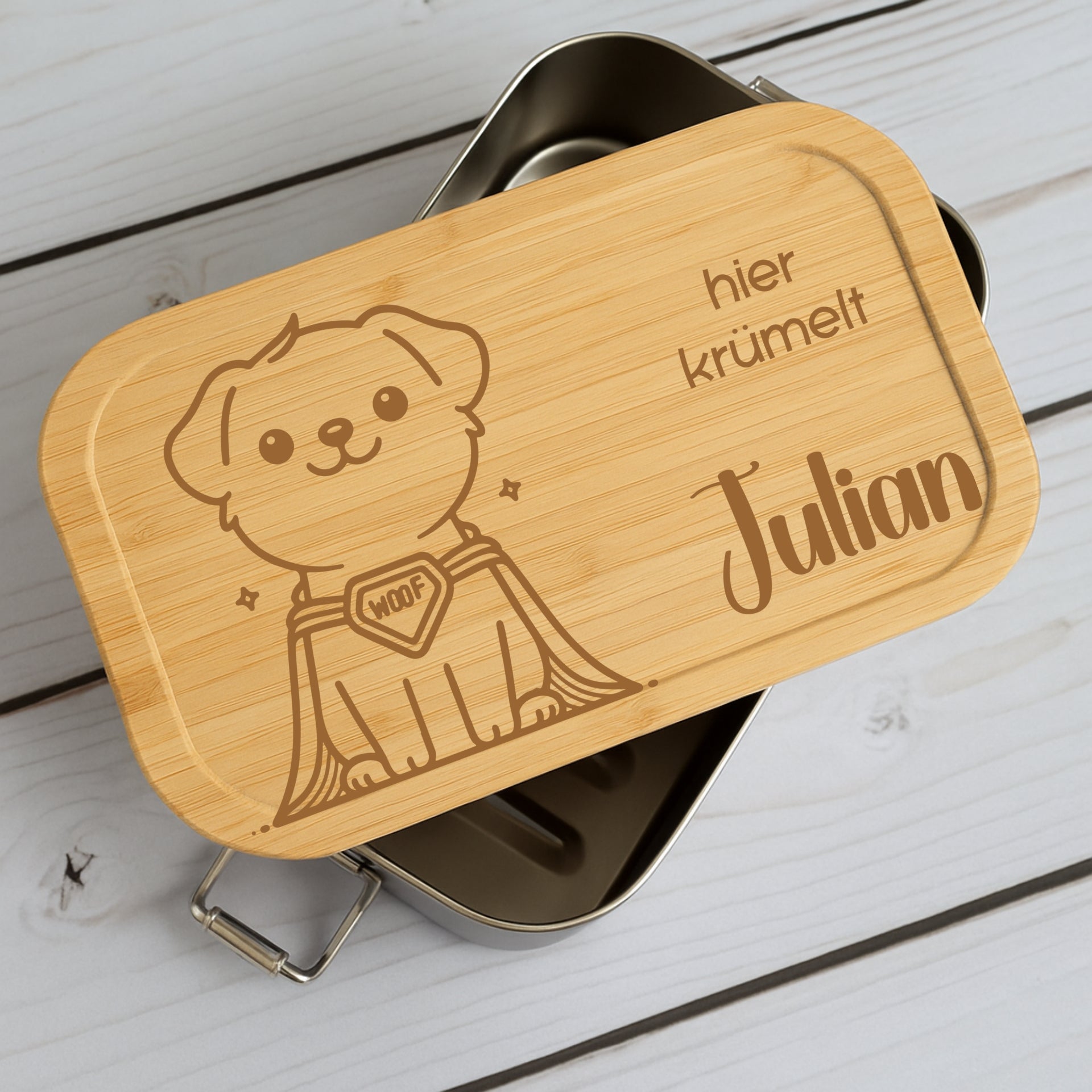 Brotdose Metall Lustige Tiere – Lunchbox mit Holzdeckel & Name