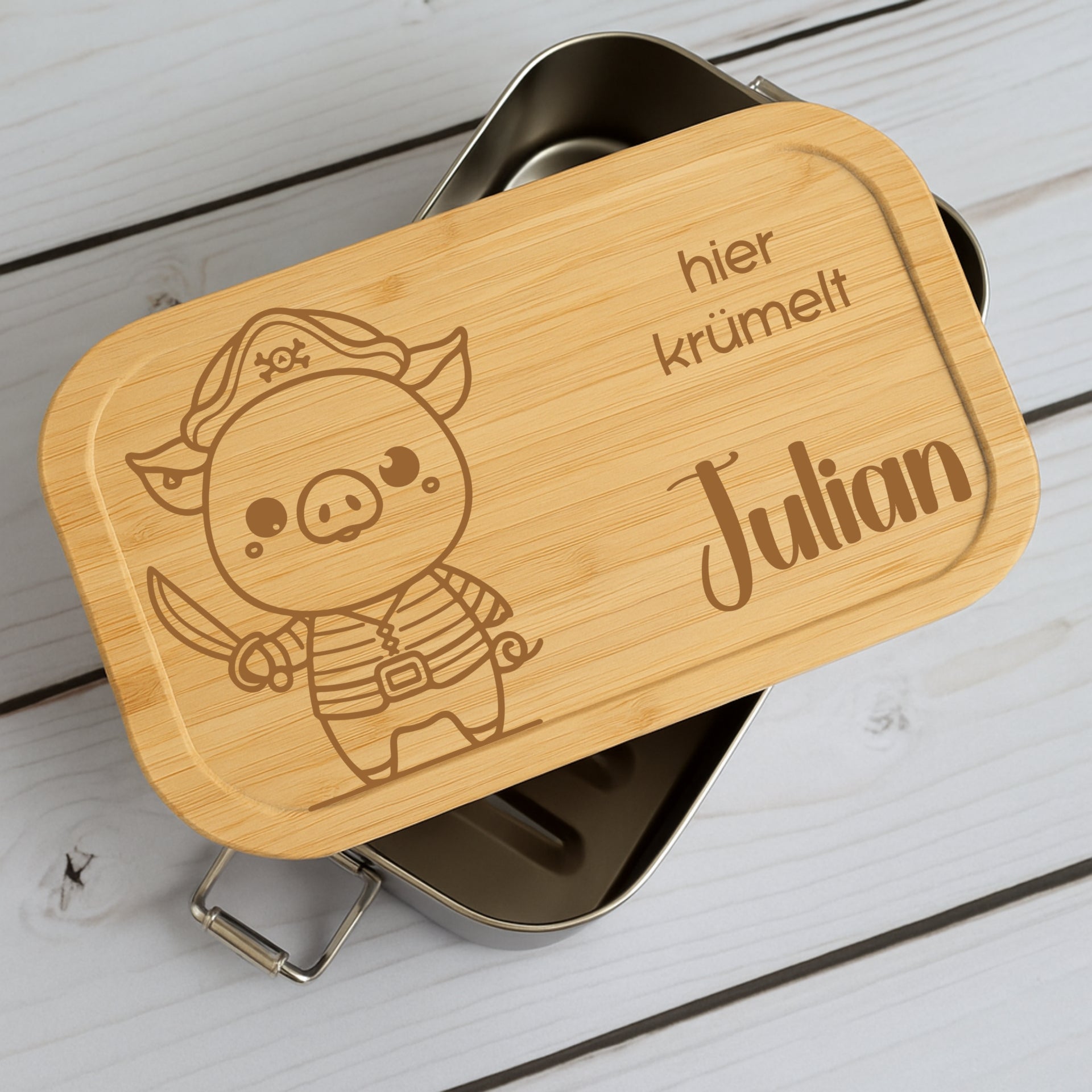 Brotdose Metall Lustige Tiere – Lunchbox mit Holzdeckel & Name