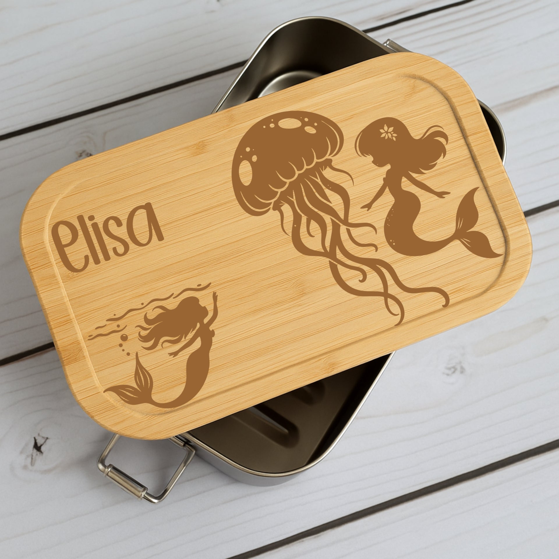 Brotdose Metall Meerjungfrau – Lunchbox mit Holzdeckel & Name