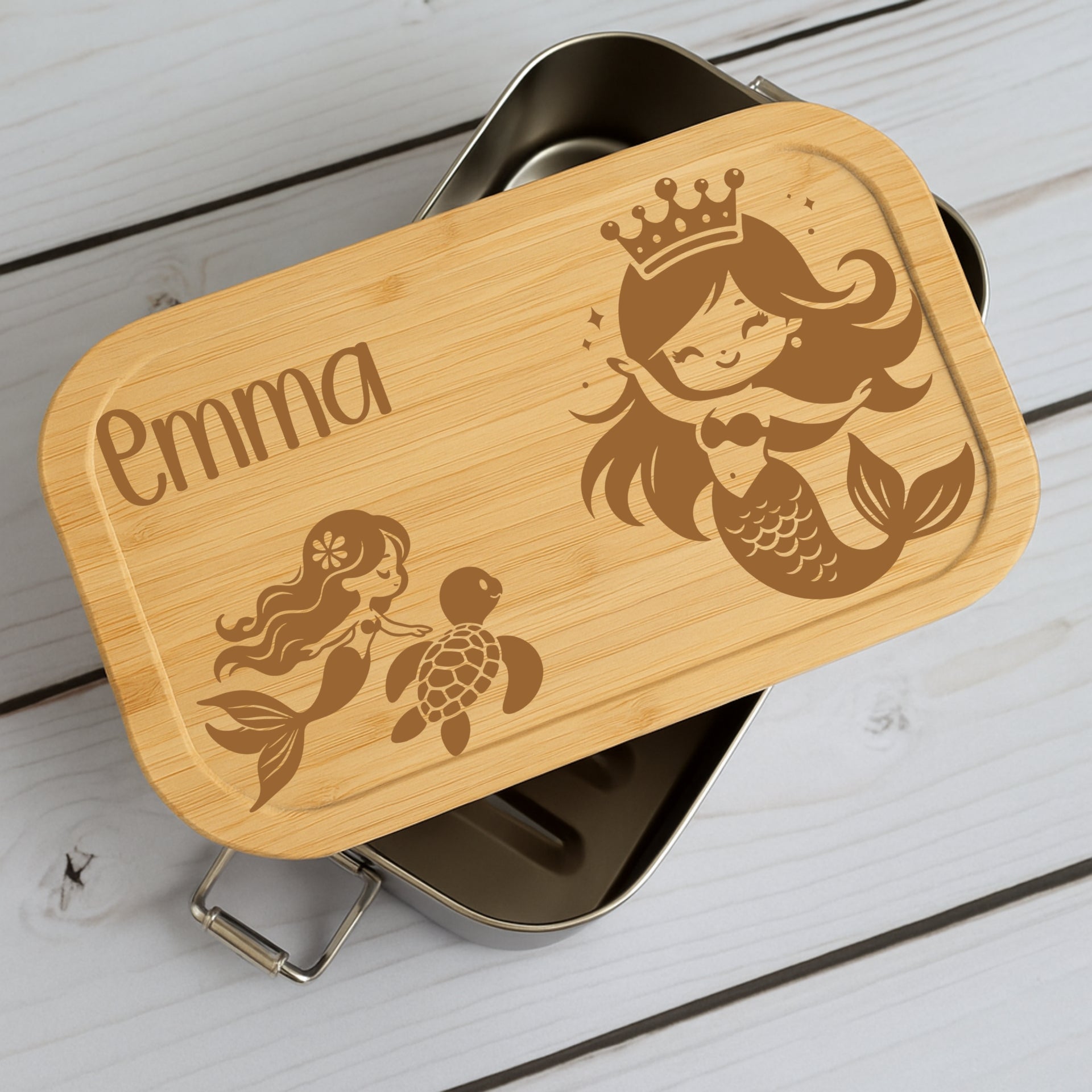 Brotdose Metall Meerjungfrau – Lunchbox mit Holzdeckel & Name