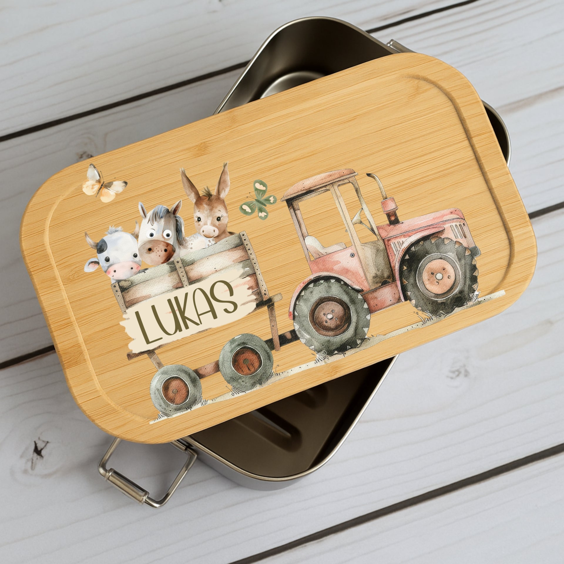 Brotdose Kinder Bauernhof – Lunchbox mit Bambusdeckel & Name