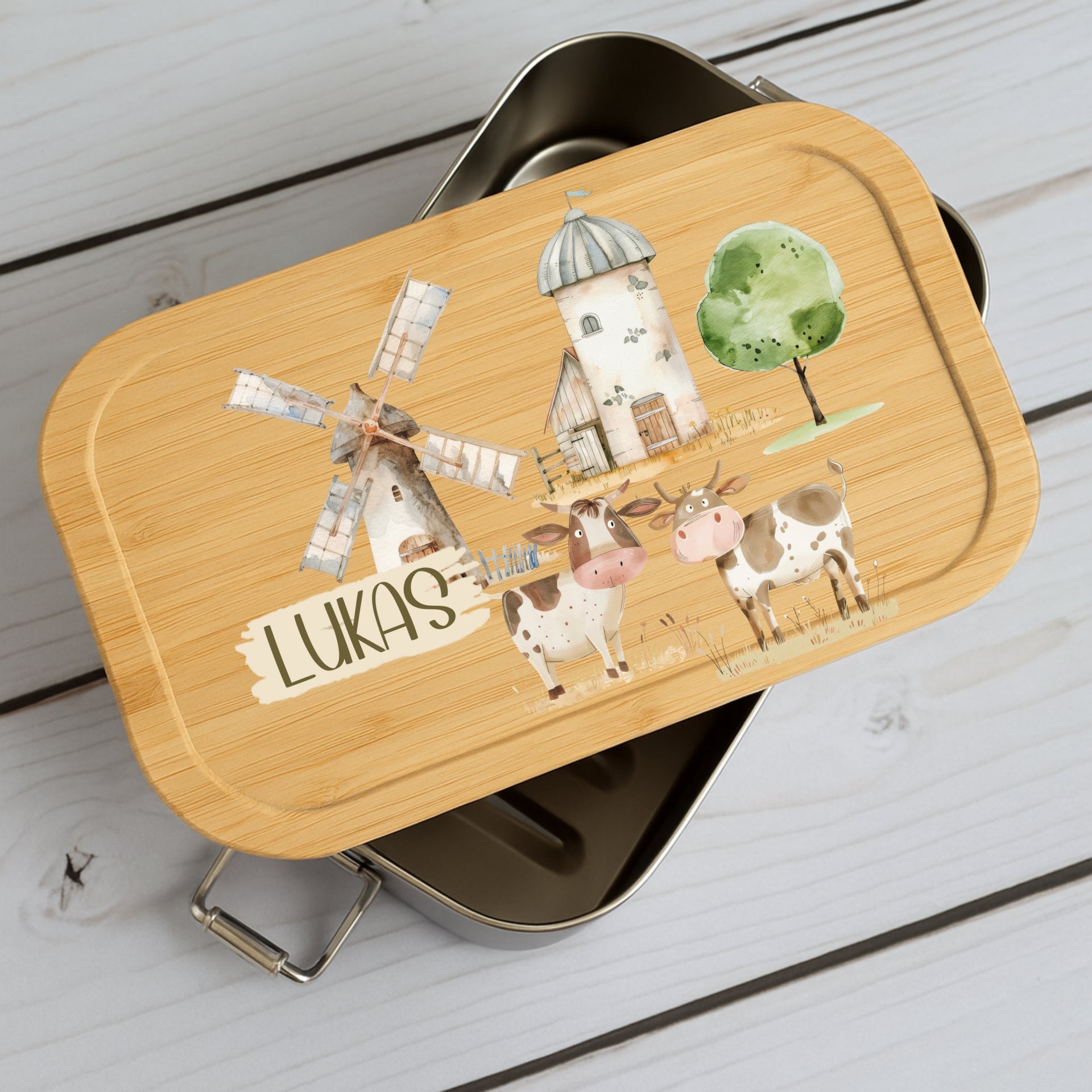 Brotdose Kinder Bauernhof – Lunchbox mit Bambusdeckel & Name