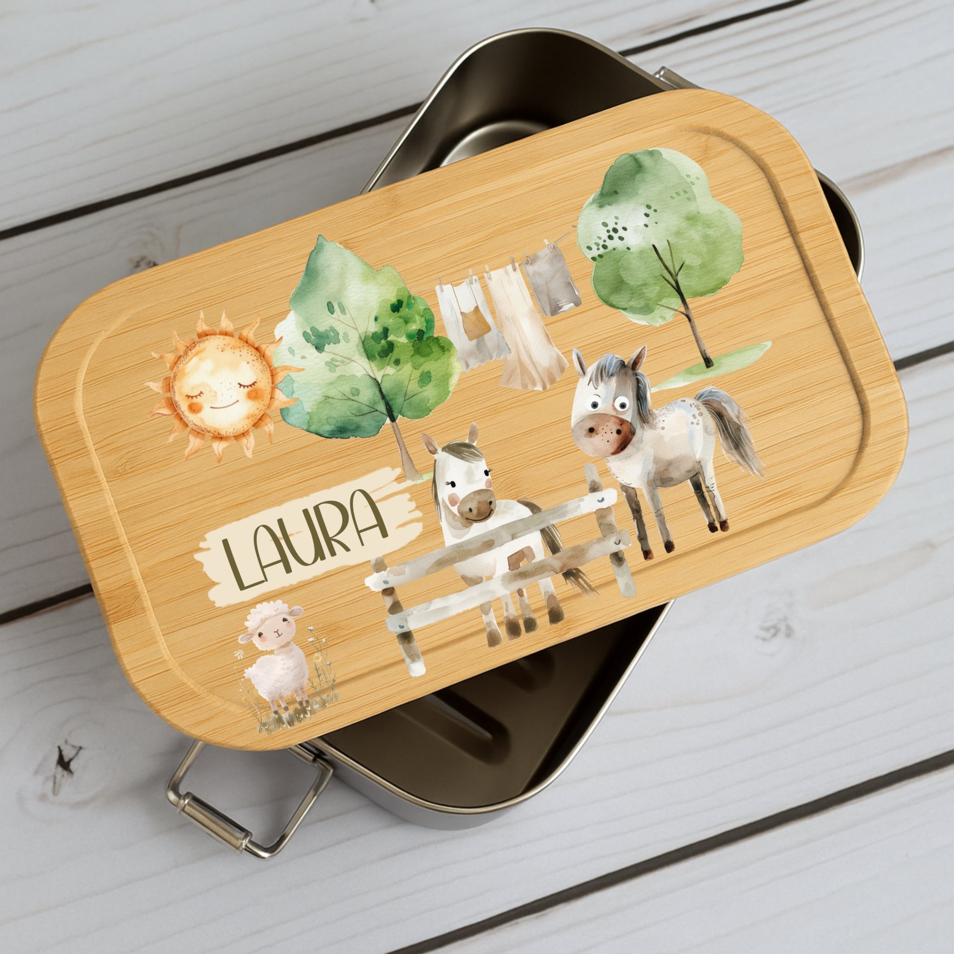 Brotdose Kinder Bauernhof – Lunchbox mit Bambusdeckel & Name