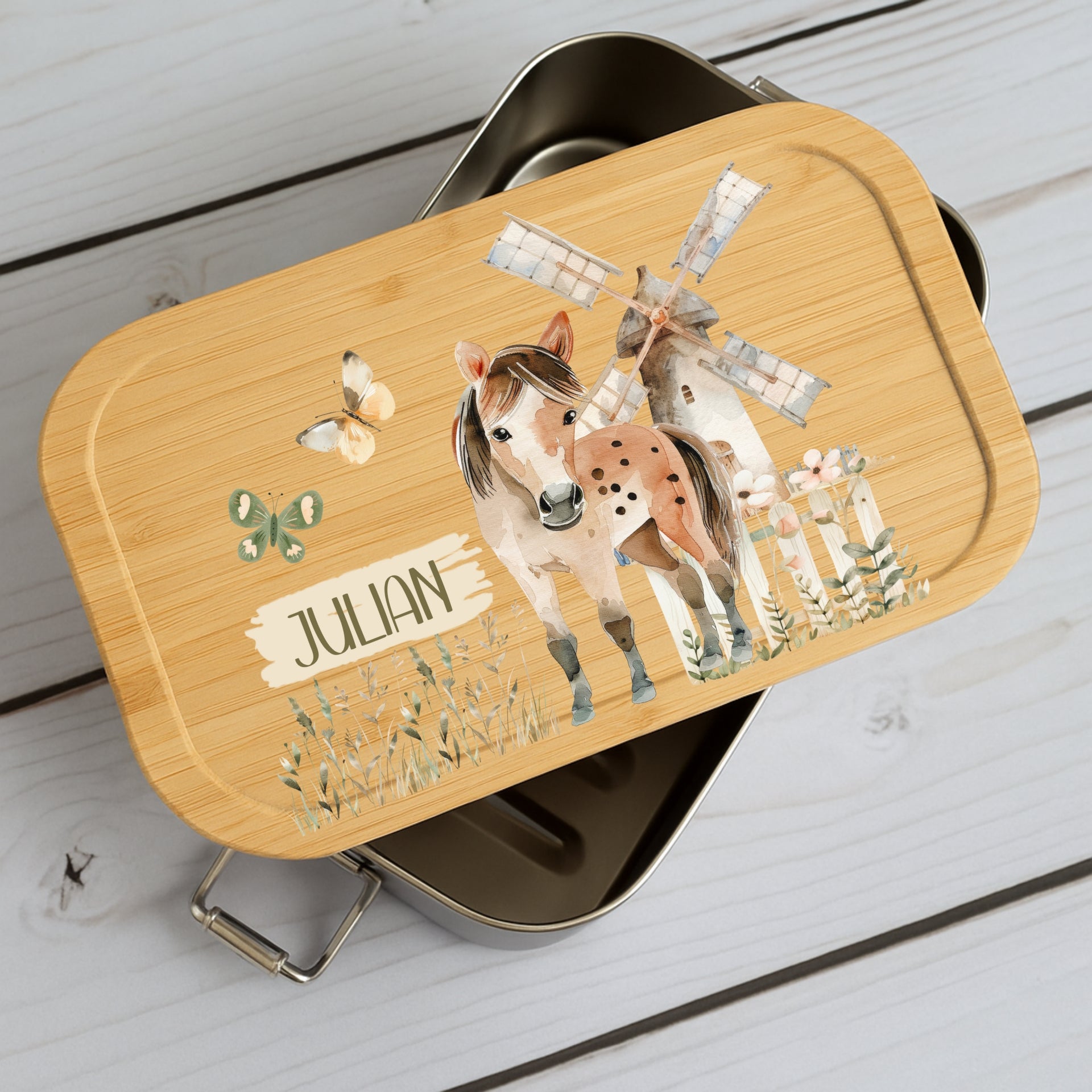 Brotdose Kinder Bauernhof – Lunchbox mit Bambusdeckel & Name